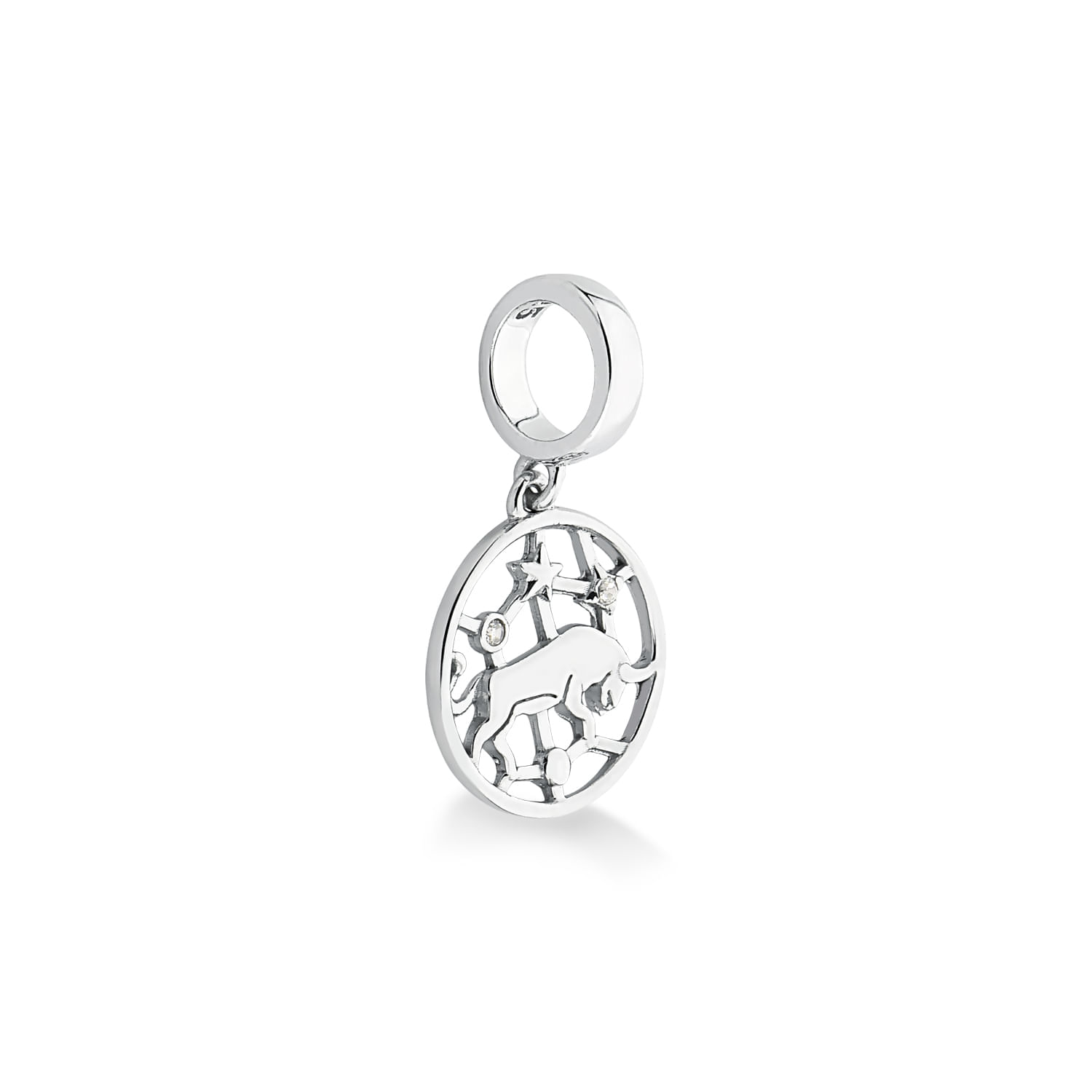 Pingente de prata com design de signos do zodíaco, incluindo estrelas, um cachorro e elementos astrológicos.