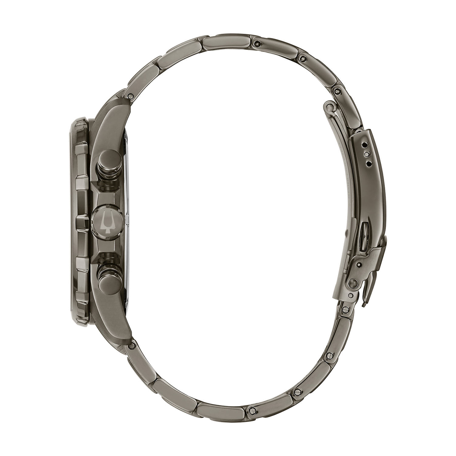Relógio de pulso com pulseira de metal, mostrador escuro e botões laterais.