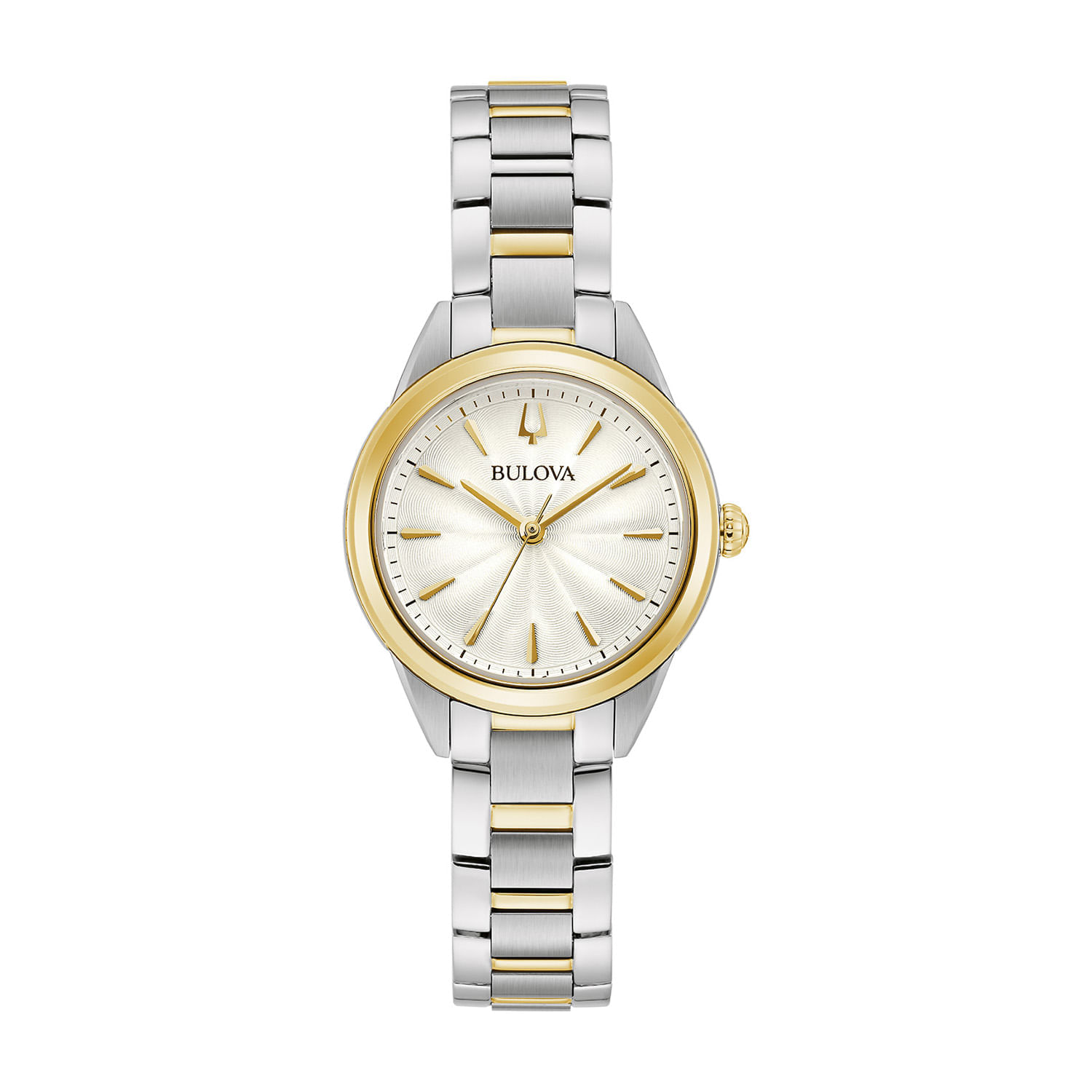 Relógio feminino com pulseira de aço prata e detalhes em dourado, mostrador quartzo com horas e minutos.