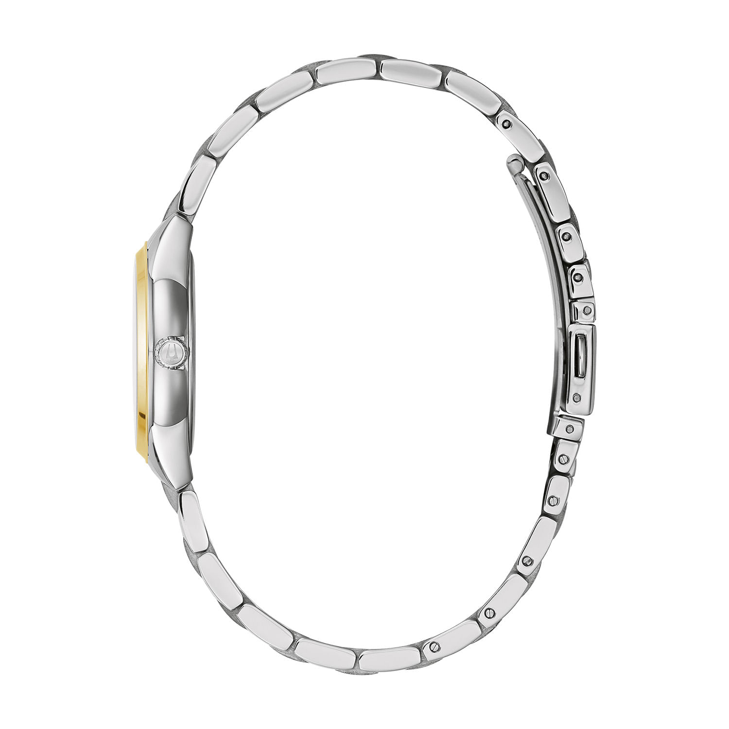 Relógio com pulseira de metal prateada, mostrador dourado e coroa na lateral.