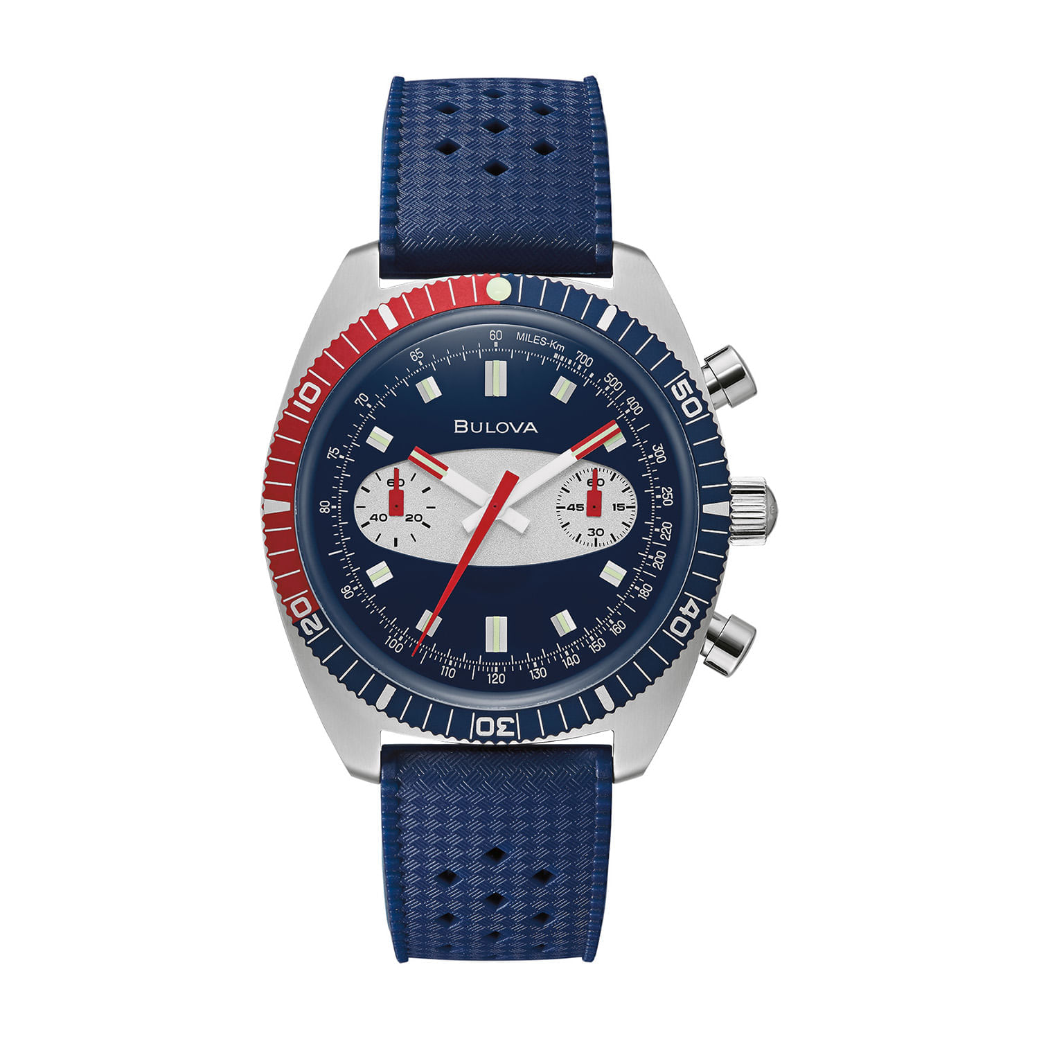 Relógio de pulso com pulseira azul, mostrador azul com detalhes em branco e vermelho, e caixa prateada.