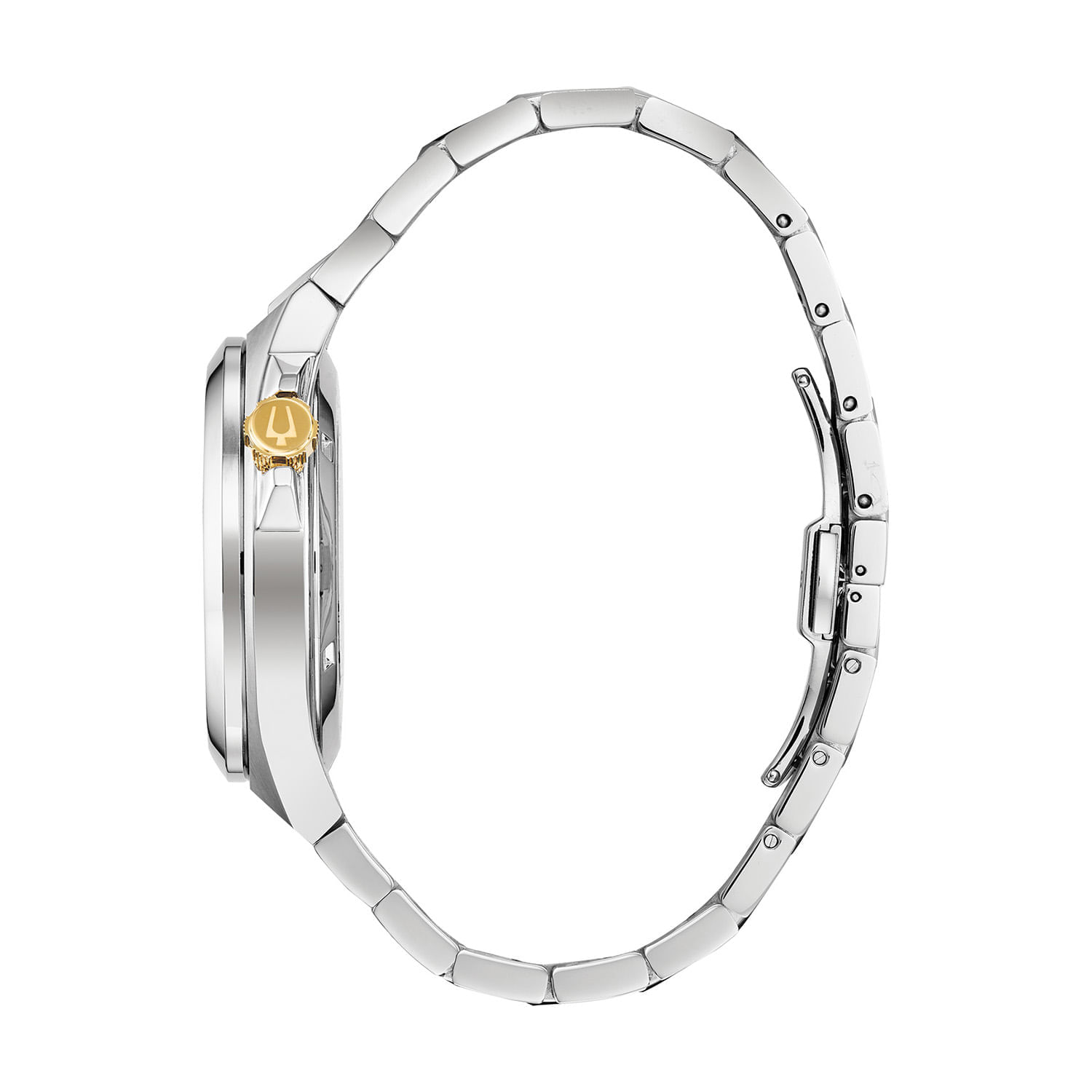 Relógio de pulso com pulseira metálica prateada, mostrador com detalhes em dourado e caixa prateada.