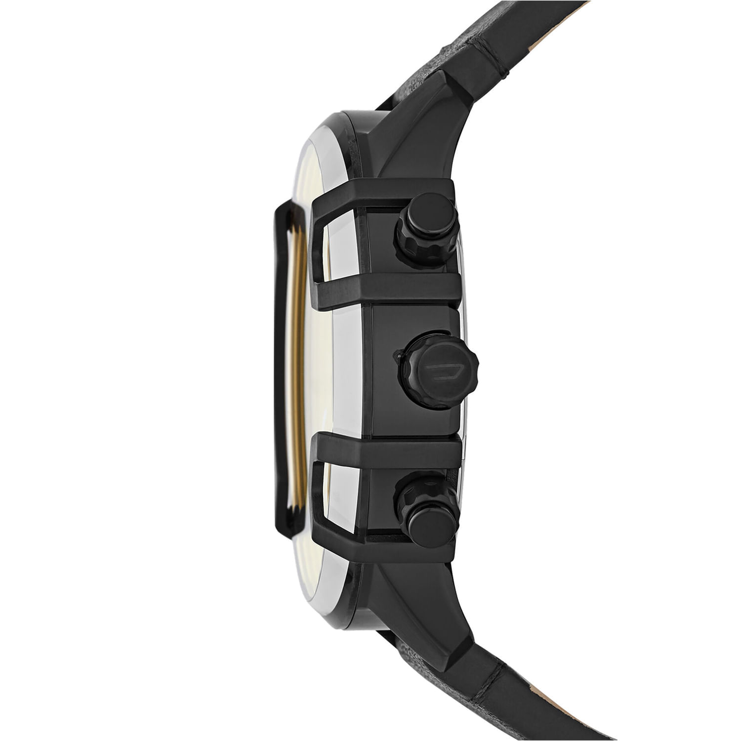 Relógio com pulseira de couro preto, caixa grande de metal e botões laterais, visto de perfil.