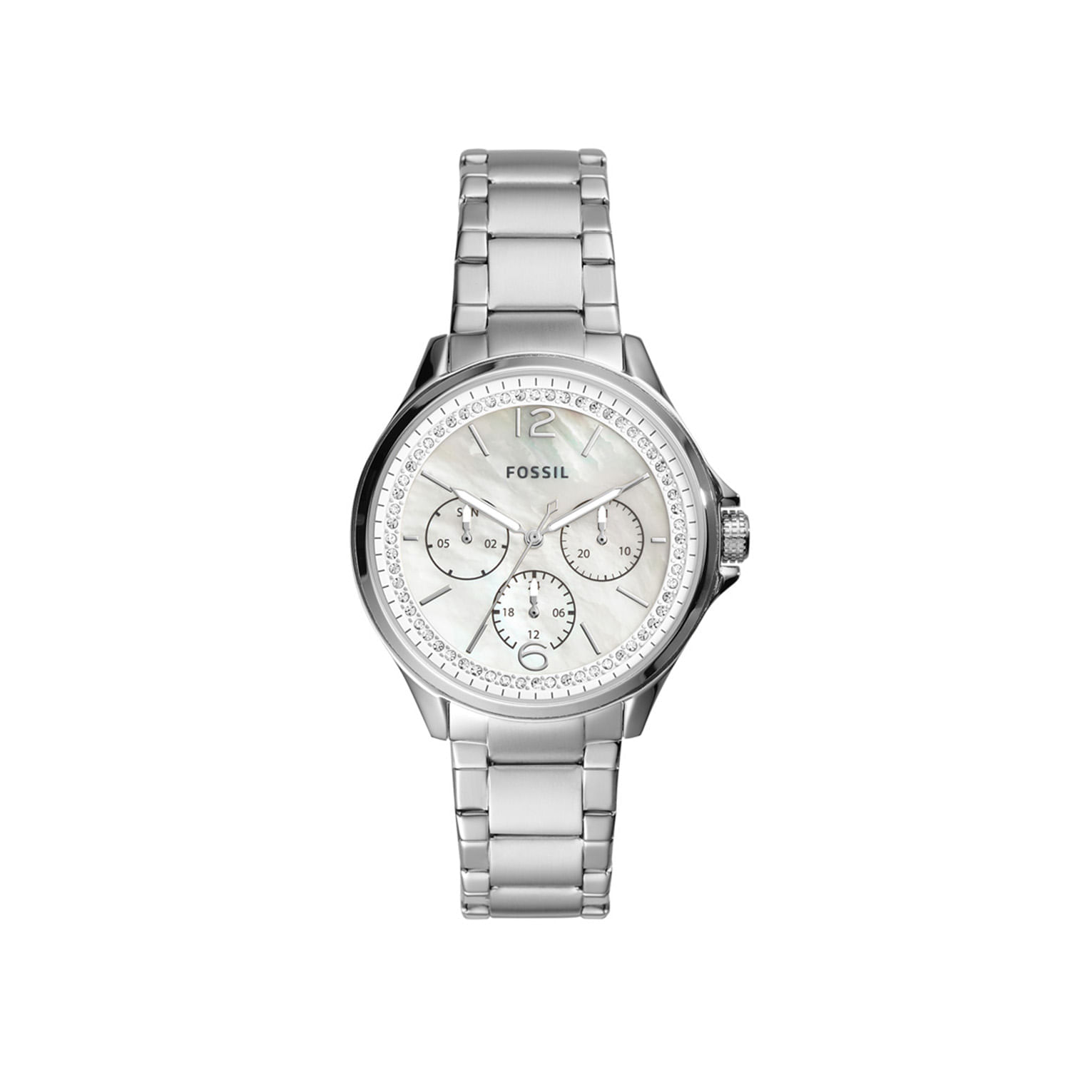 Relógio feminino metálico com mostrador em tom perolado, detalhes de cristais ao redor e subdials no interior.