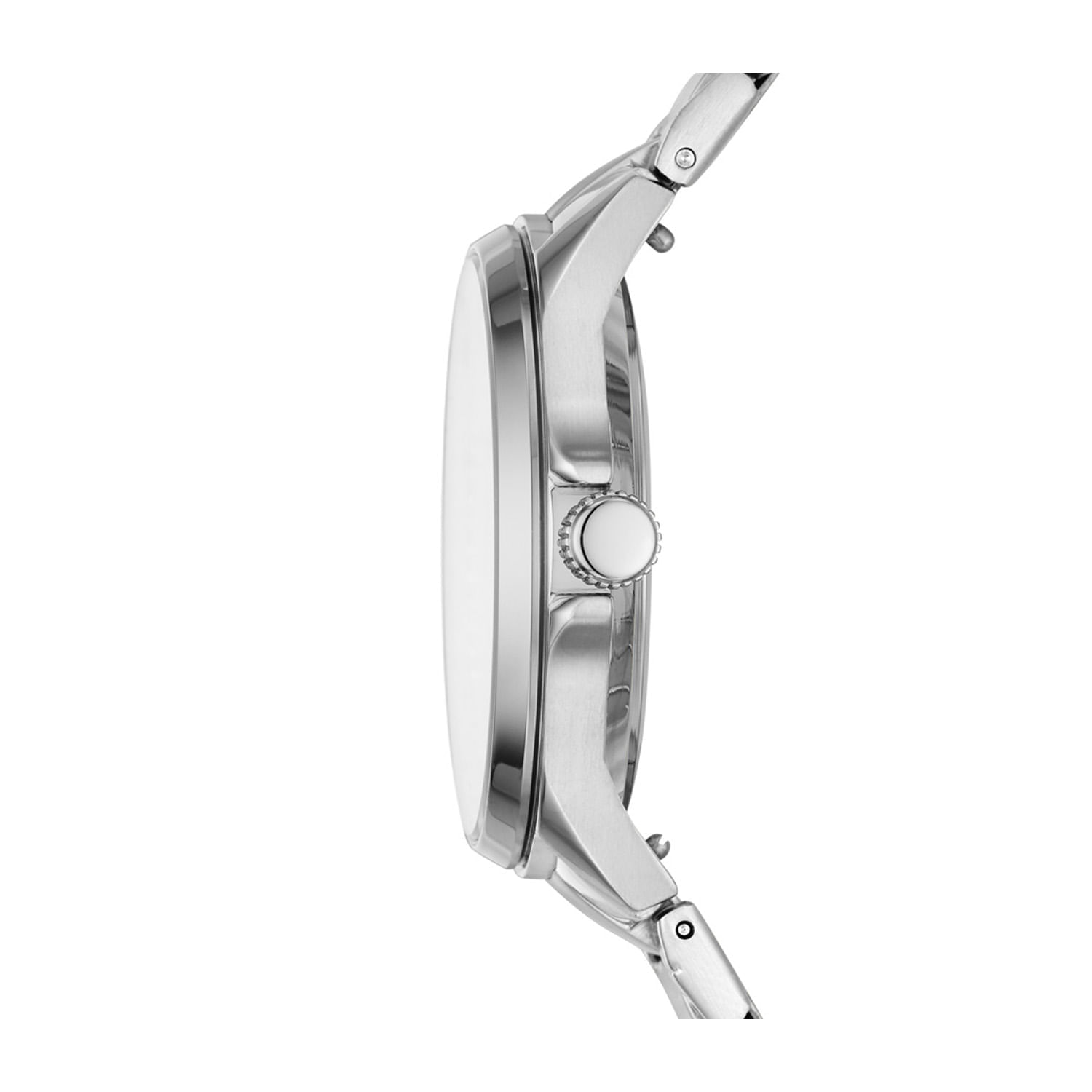 Relógio de pulso com pulseira de metal prateada e caixa redonda, mostrador branco e botão na lateral.