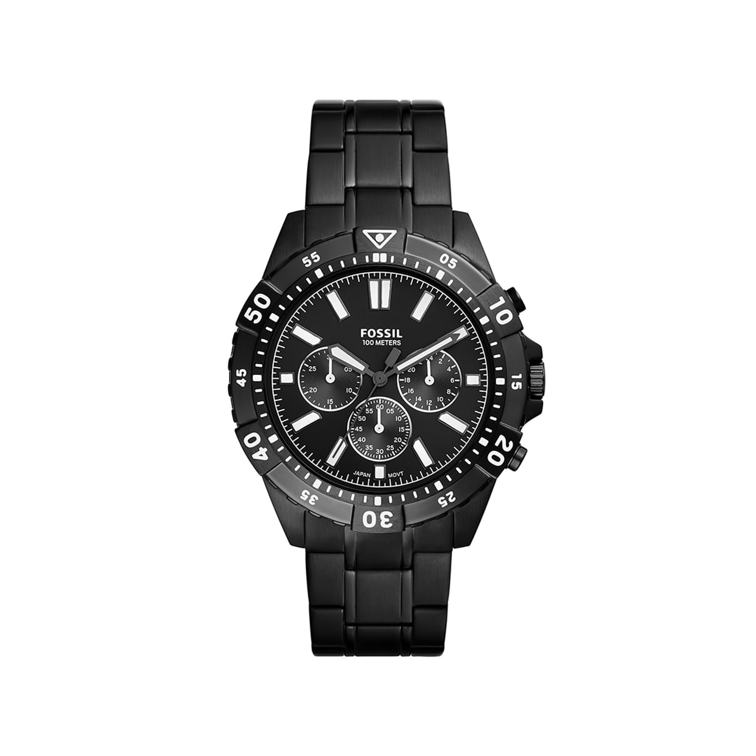 Relógio preto com pulseira de metal, mostrador analógico com três subdials e marca Fossil na parte central.