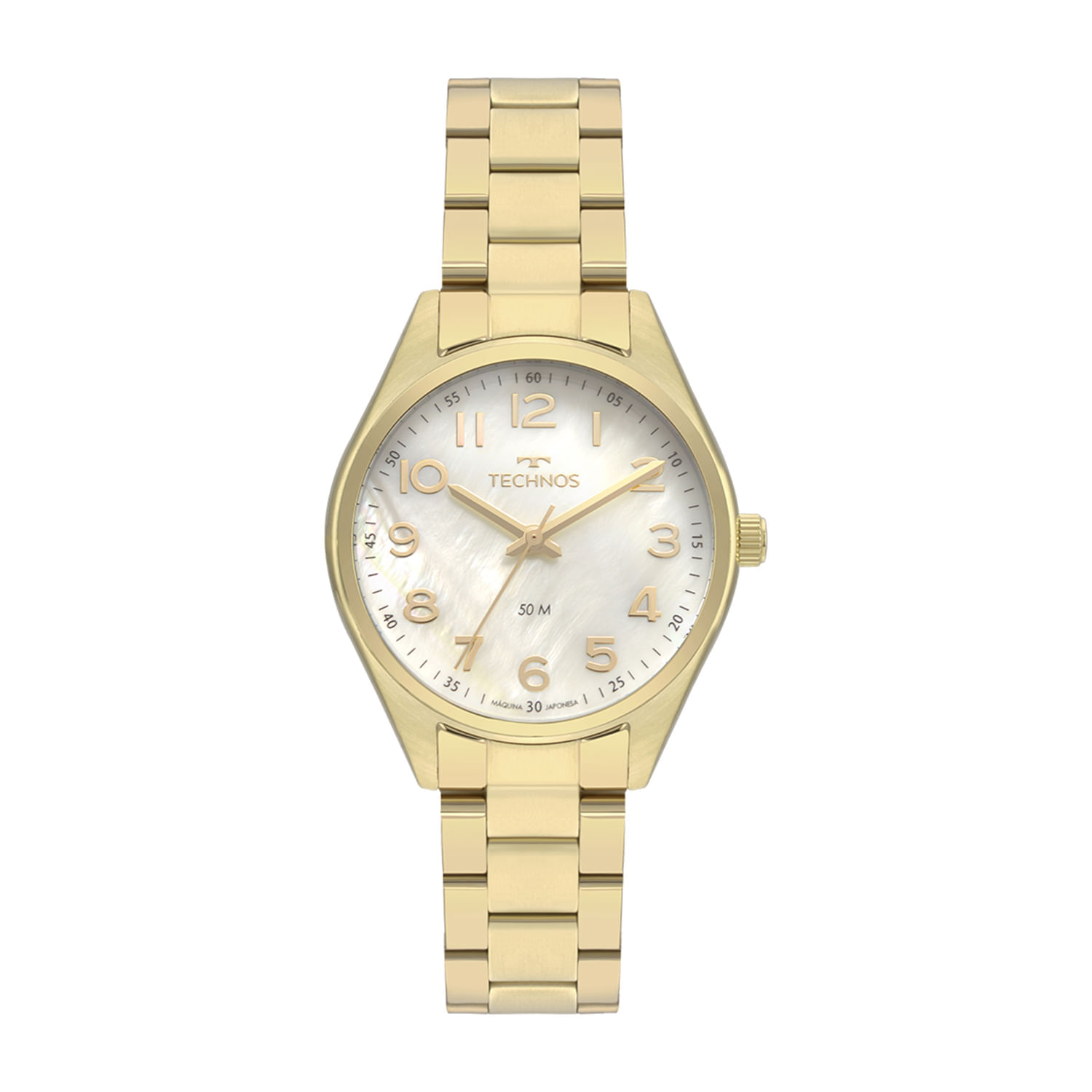 Relógio feminino dourado com pulseira de metal, mostrador de madreperla e números e ponteiros dourados.