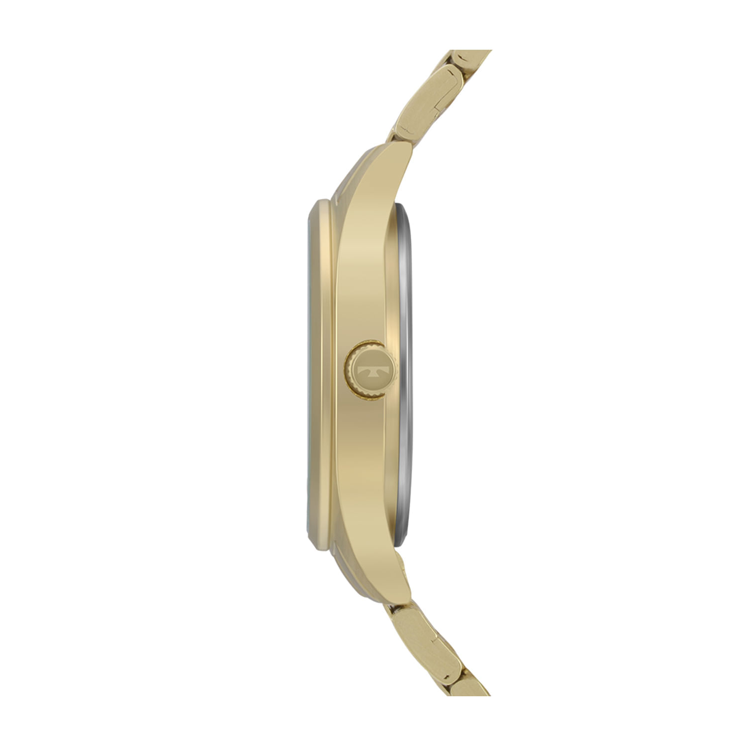Relógio dourado visto de lado, mostrando a caixa, a coroa e a pulseira.