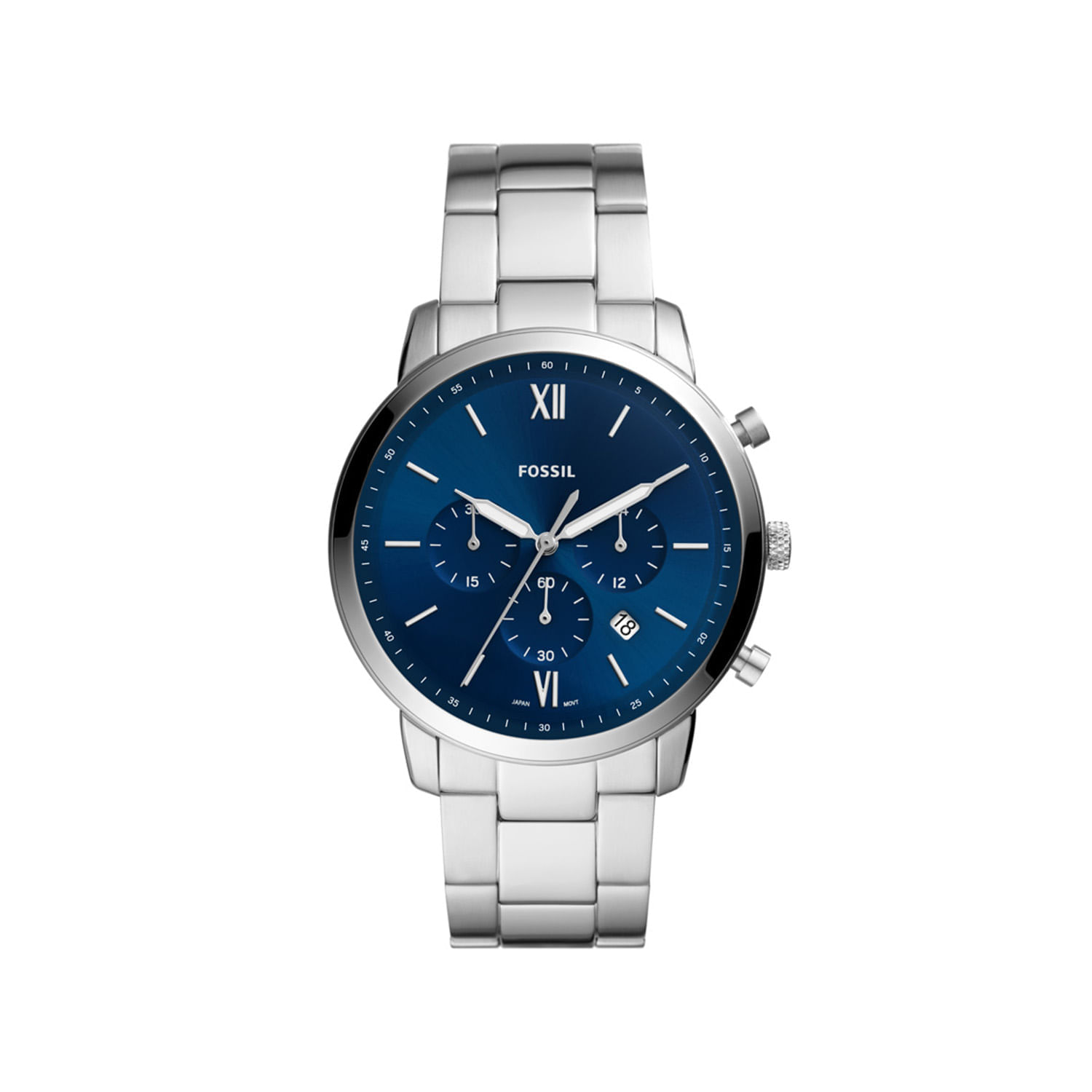 Relógio de pulso com pulseira de metal prateada e mostrador azul, com três submostradores e detalhes em prata, exibindo data.