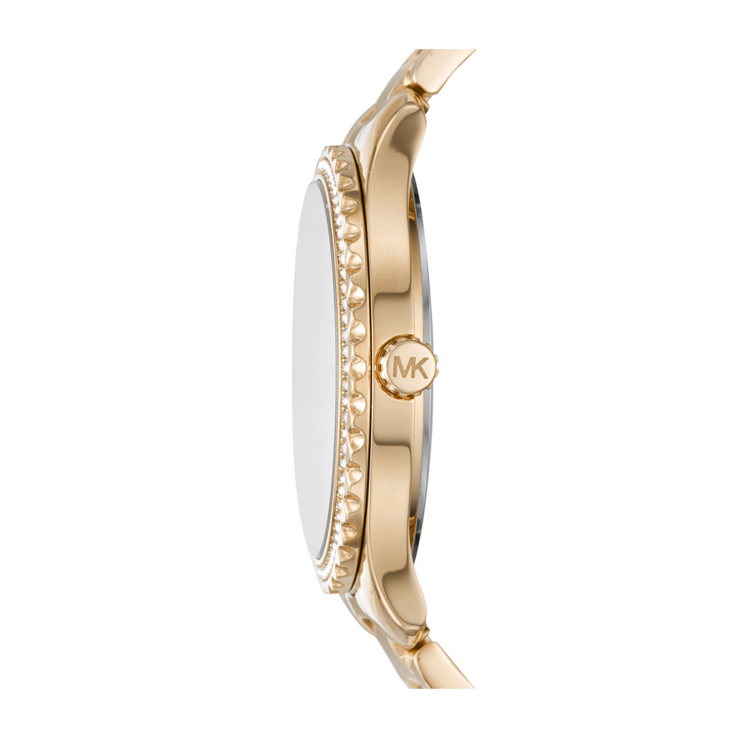 Relógio feminino dourado com pulseira de metal, mostrador branco e detalhes de pedras ao redor. A coroa apresenta o logo "MK".