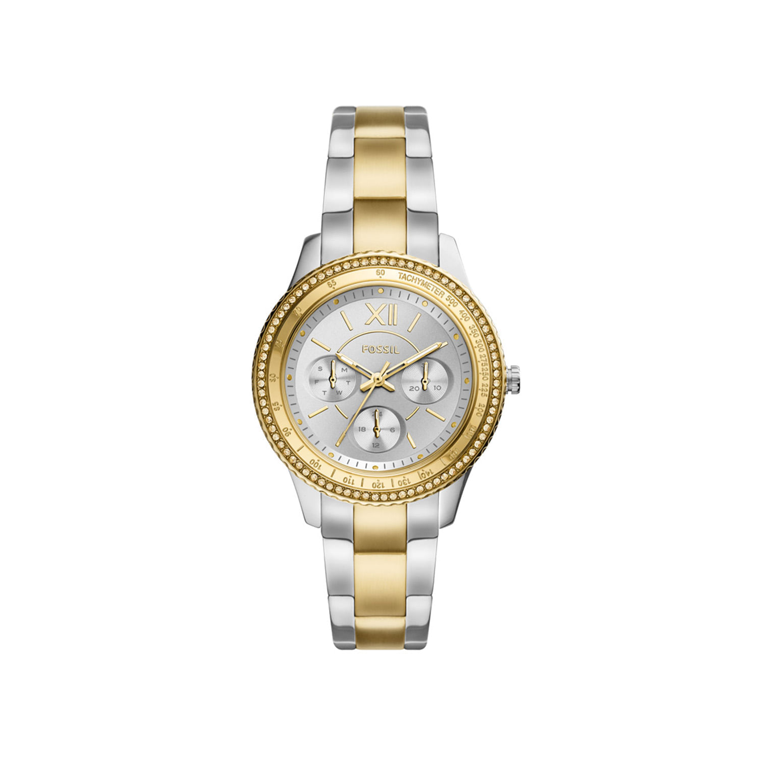 Relógio feminino com pulseira de metal bicolor dourada e prateada, caixa dourada com detalhes em pedras e mostrador prateado com três subdials.