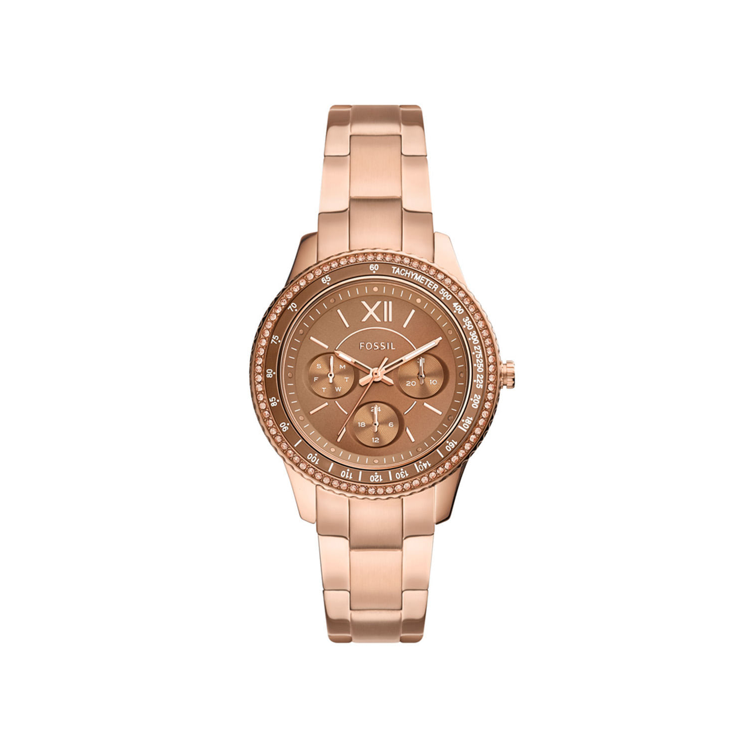 Relógio feminino com pulseira de metal rosé, mostrador rosé com detalhes de cristais na moldura e múltiplas funções.