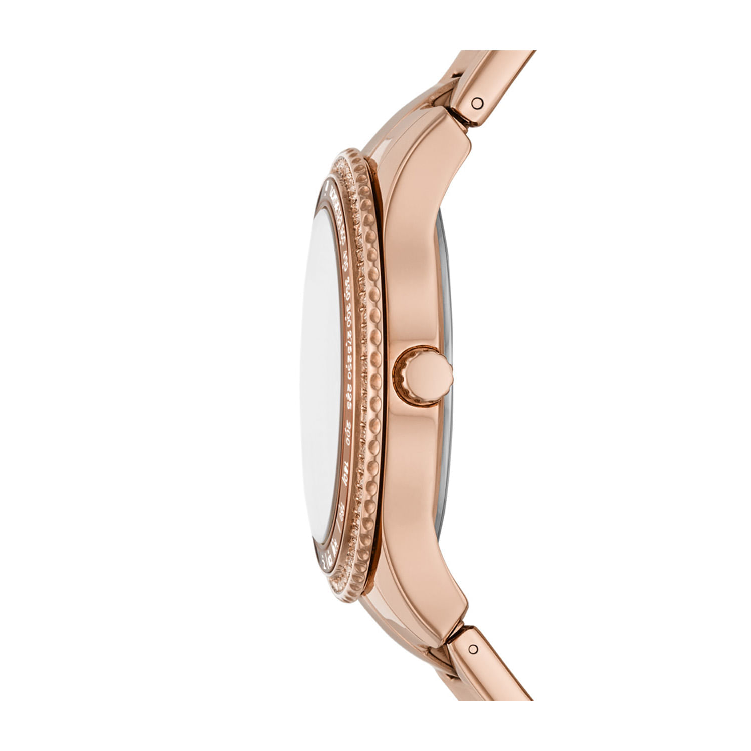 Relógio feminino com pulseira e caixa em tom rosé, detalhes decorativos com pedrarias na borda do quadrante.