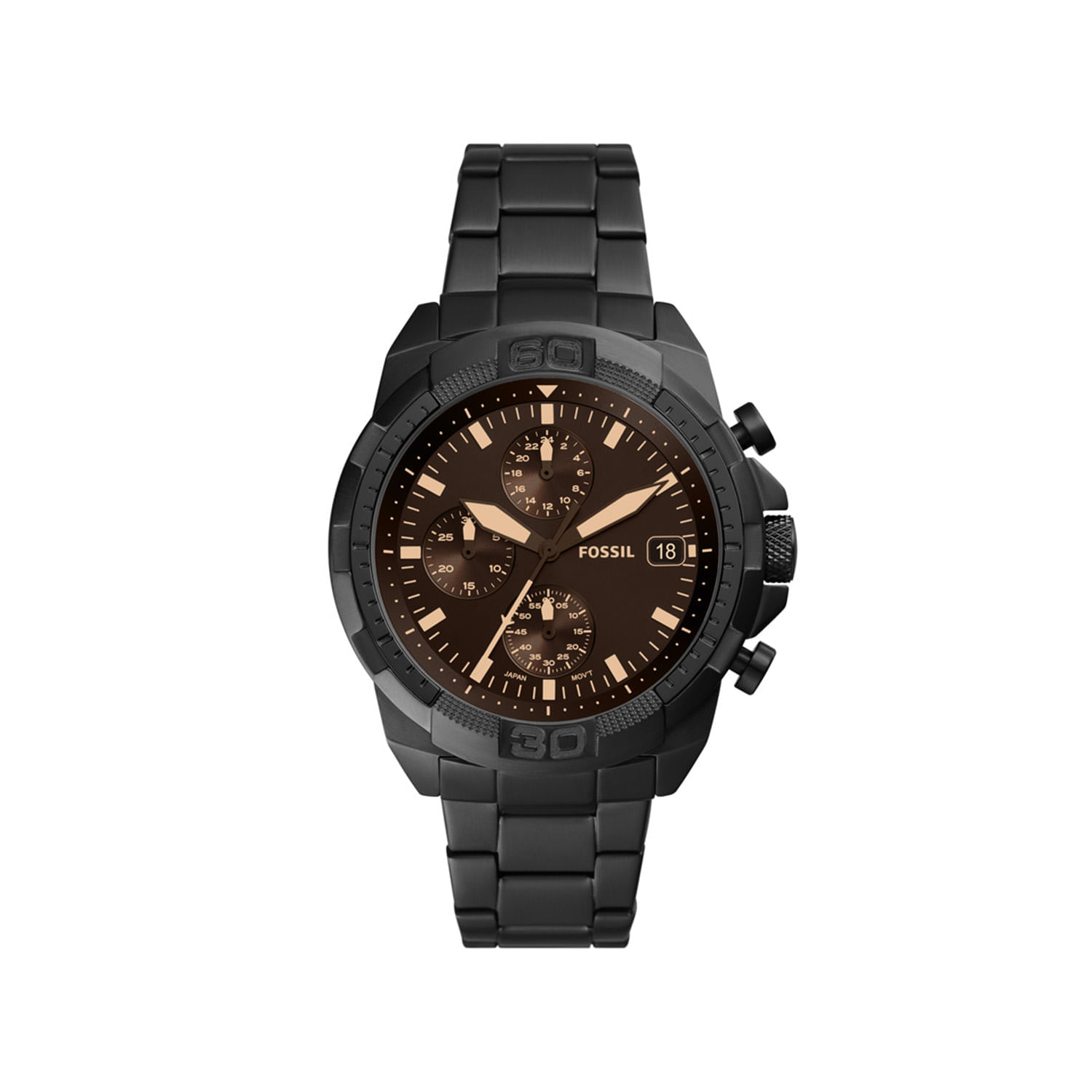 Relógio Fossil masculino com pulseira preta e mostrador preto com detalhes em dourado.
