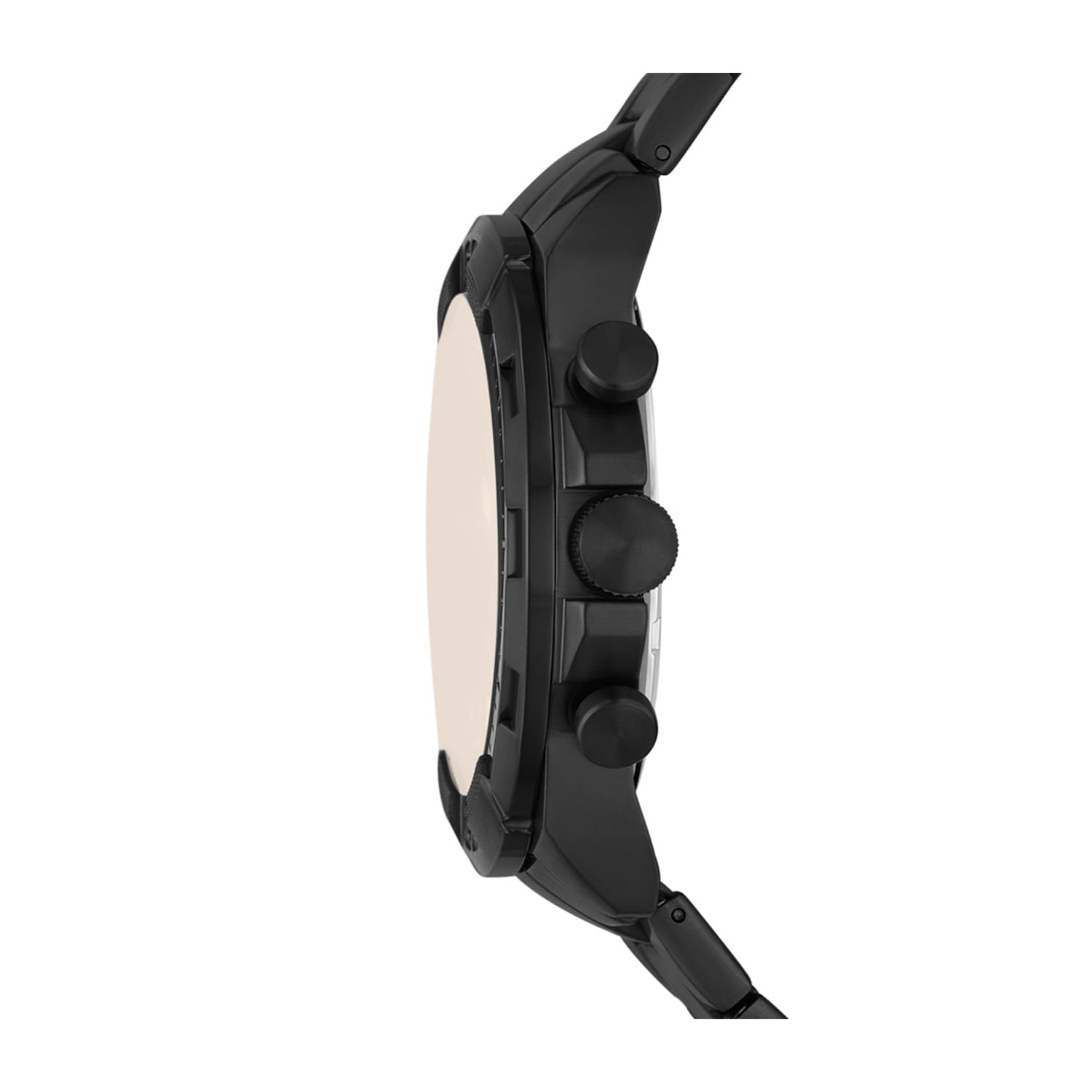 Relógio preto com mostrador digital e três botões nas laterais, visto de lado, com pulseira ajustável.