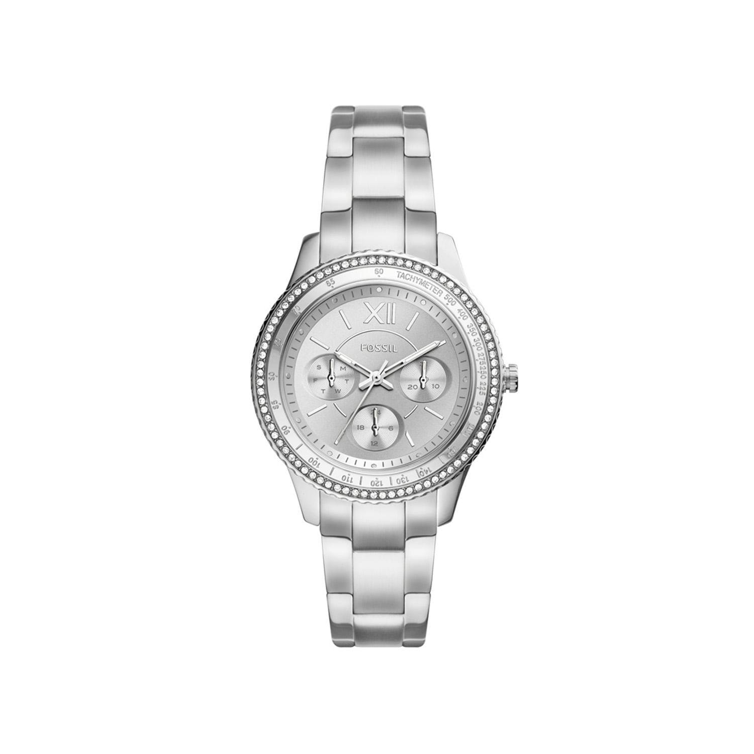 Relógio feminino com pulseira de metal prateada, mostrador prateado, detalhes em cristais na borda e mostradores adicionais.