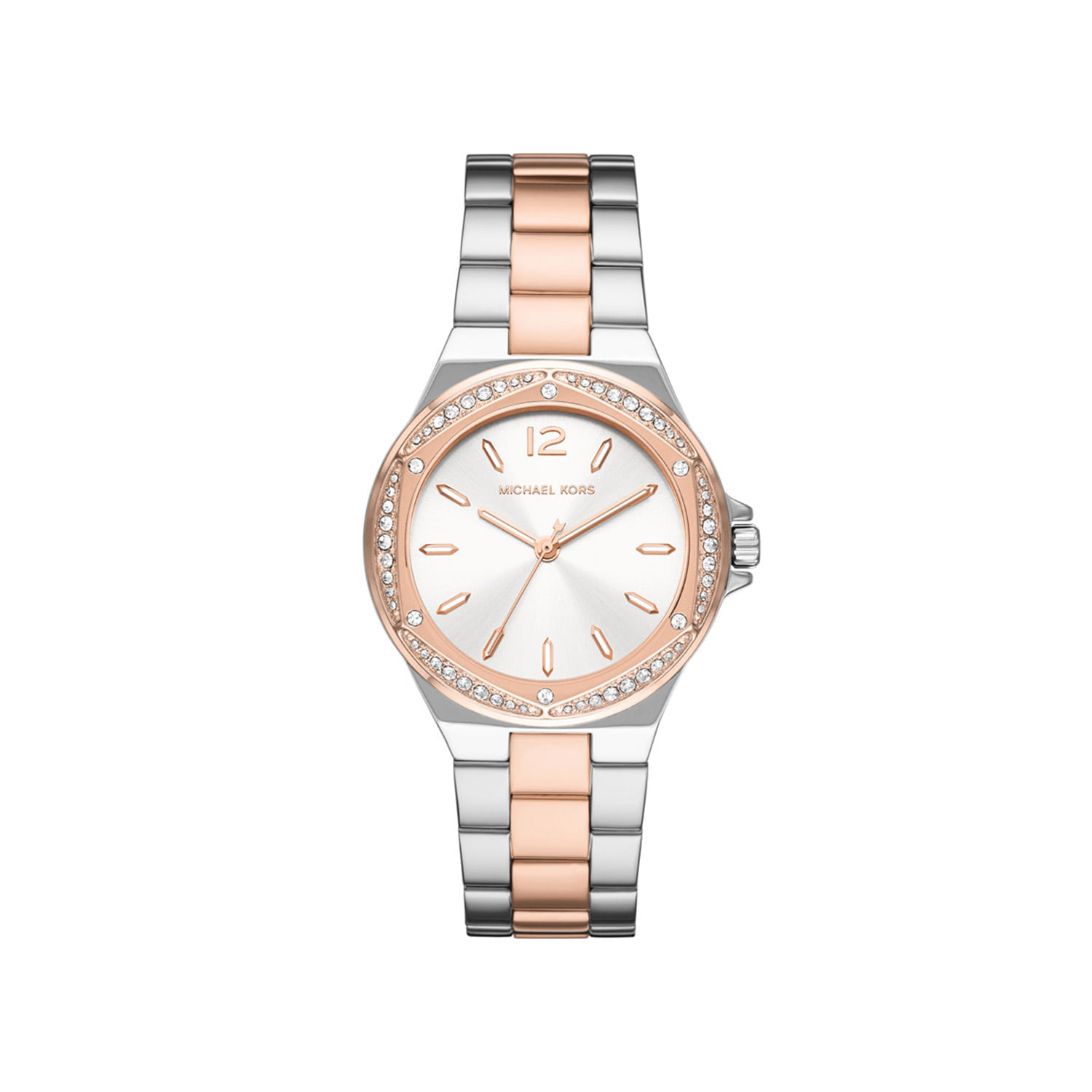 Relógio feminino com pulseira de aço bicolor prata e rosê, mostrador prateado, caixa com detalhes de cristais e ponteiros rosês.