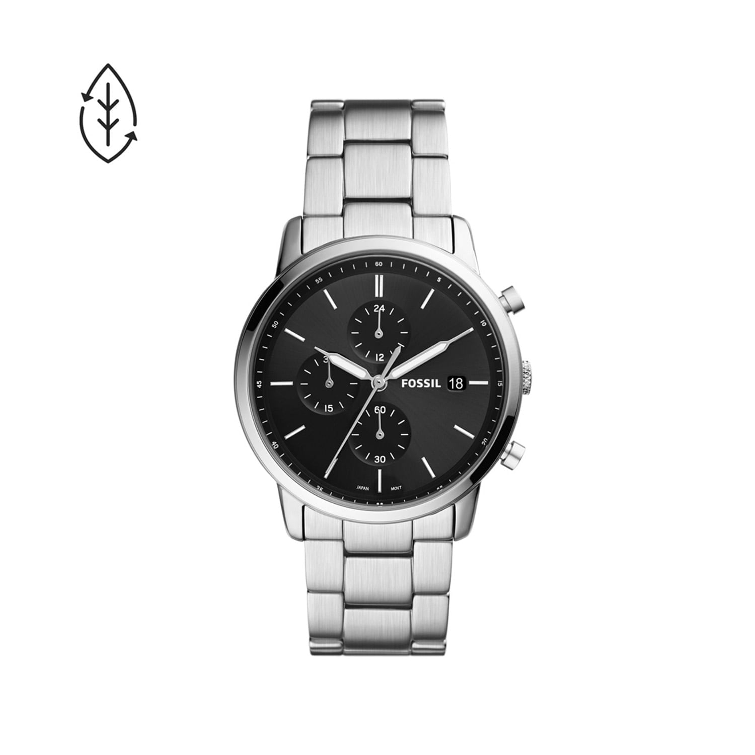 Relógio Fossil com pulseira de aço prateada e mostrador preto com cronógrafo e data.