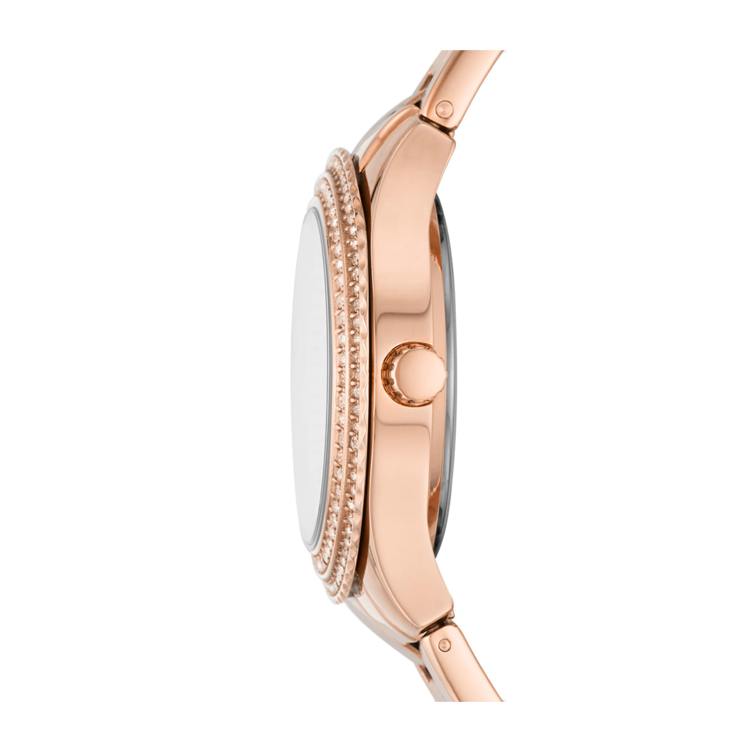 Relógio feminino com pulseira de metal rosé, mostrador branco, com detalhes em rosa e pedrarias ao redor da tela.