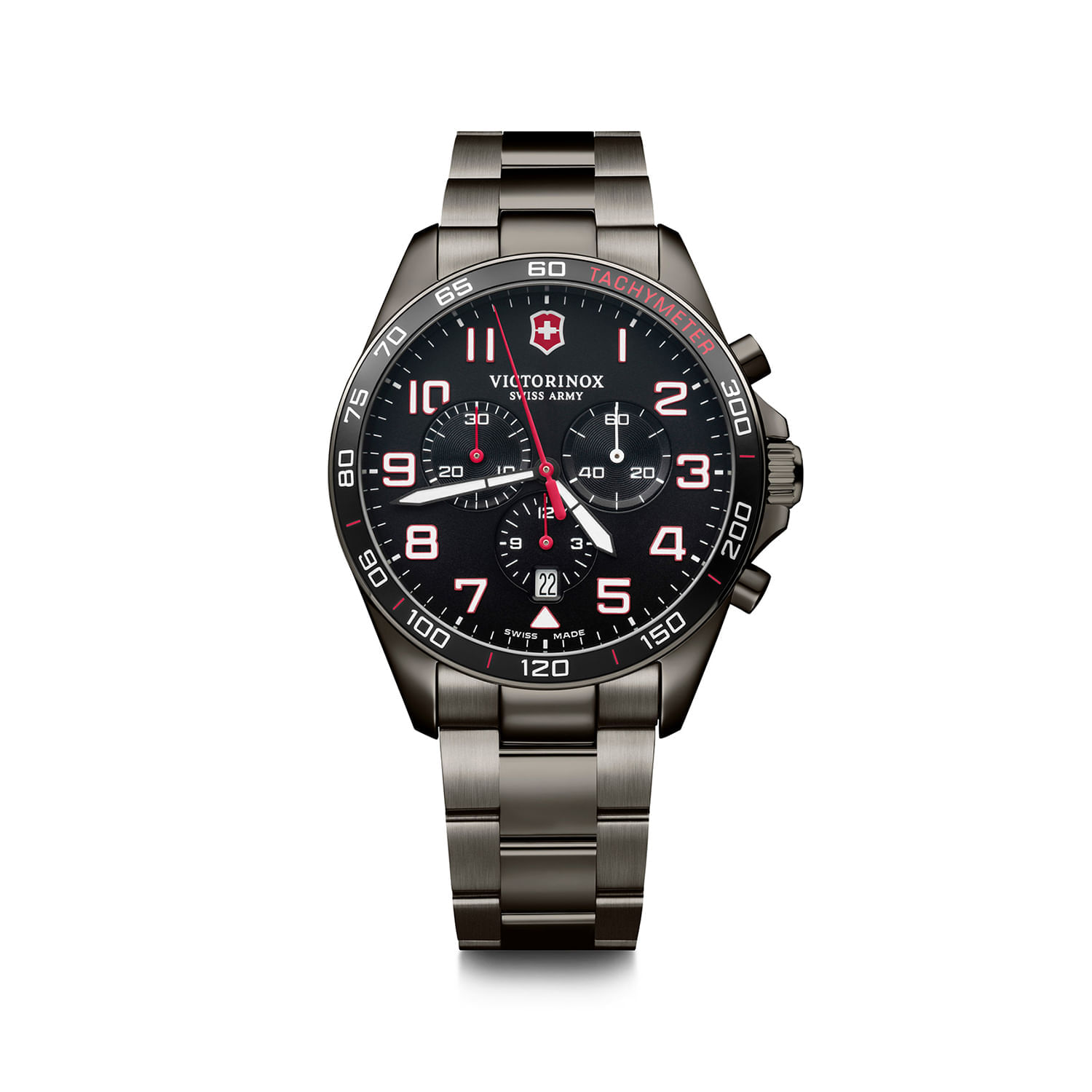 Relógio de pulseira metálica preta com mostrador preto, detalhes em vermelho e cronógrafo.