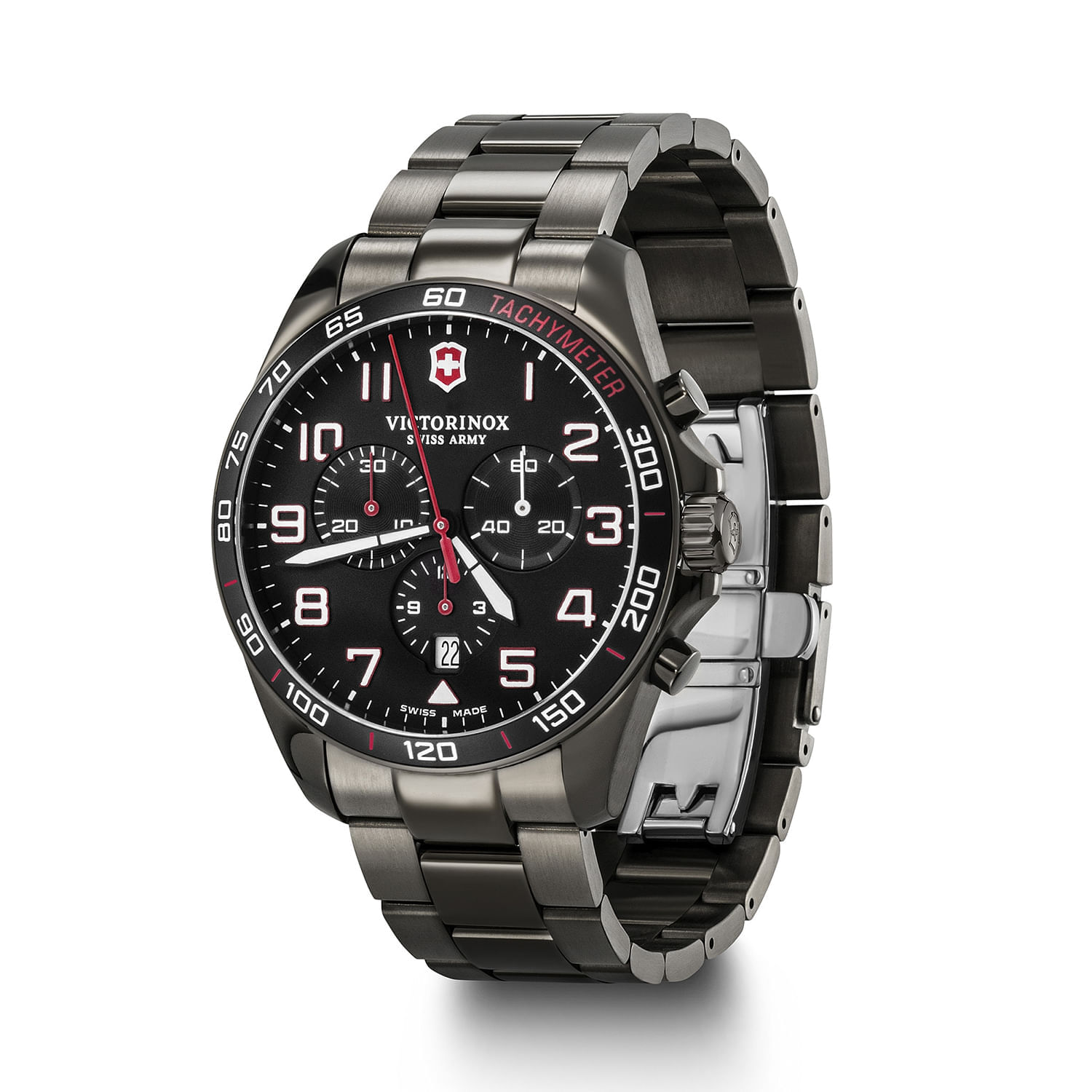 Relógio de pulso com mostrador preto, cronógrafo, pulseira de metal cinza escuro e detalhes em vermelho e branco.