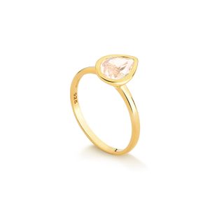 Anel Gota com Quartzo Rosa em Prata 925 com Banho de Ouro Amarelo 18k