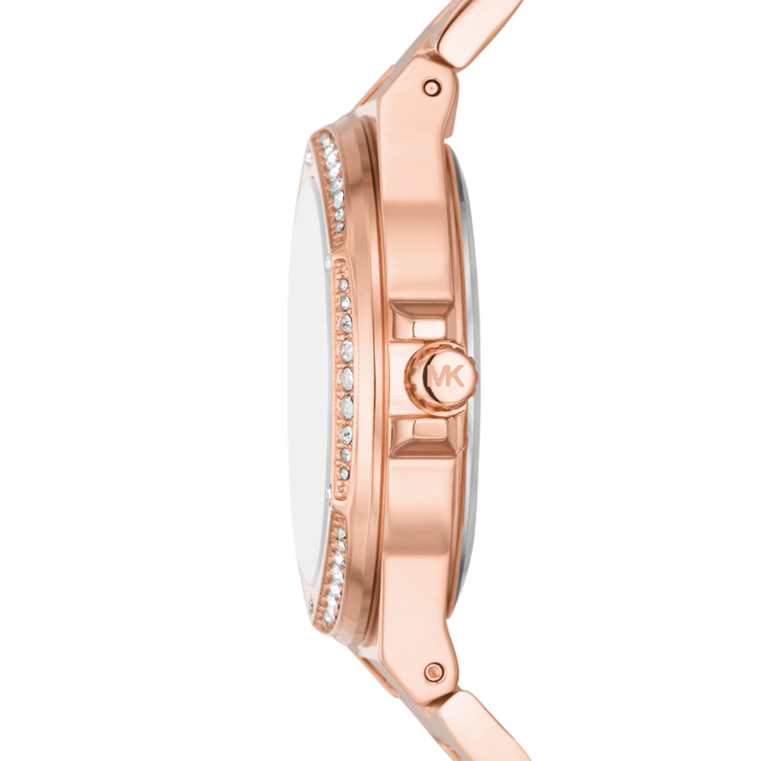 Relógio feminino com pulseira de metal rosé e detalhes de pedras cristal, vista lateral.