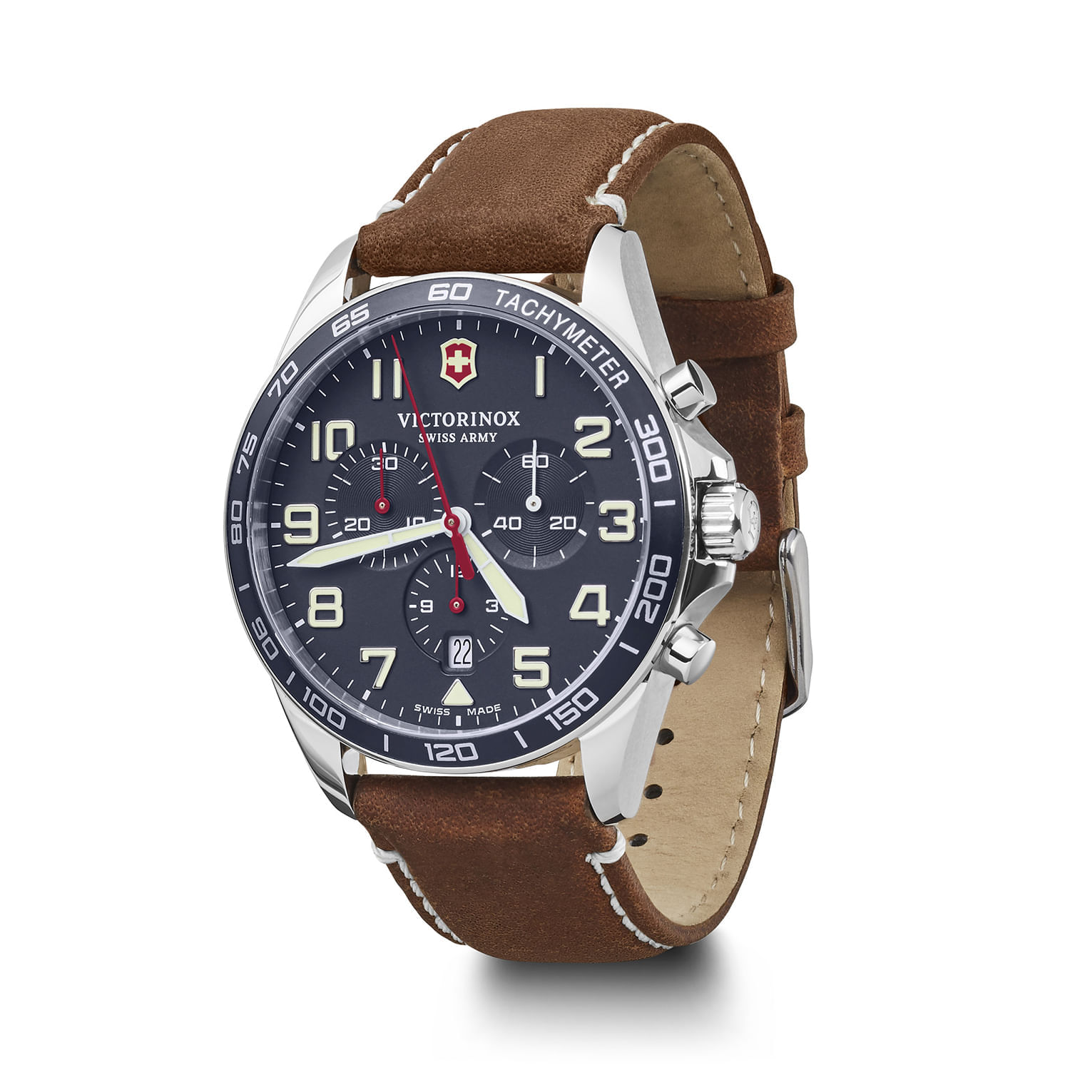 Relógio com mostrador azul, pulseira de couro marrom com costura branca, cronógrafo e taquímetro, marca Victorinox Swiss Army.