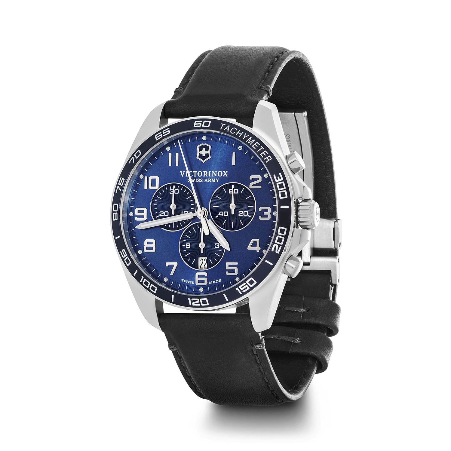Relógio com pulseira de couro preta, caixa prateada, mostrador azul com cronógrafo, data e tachymeter.