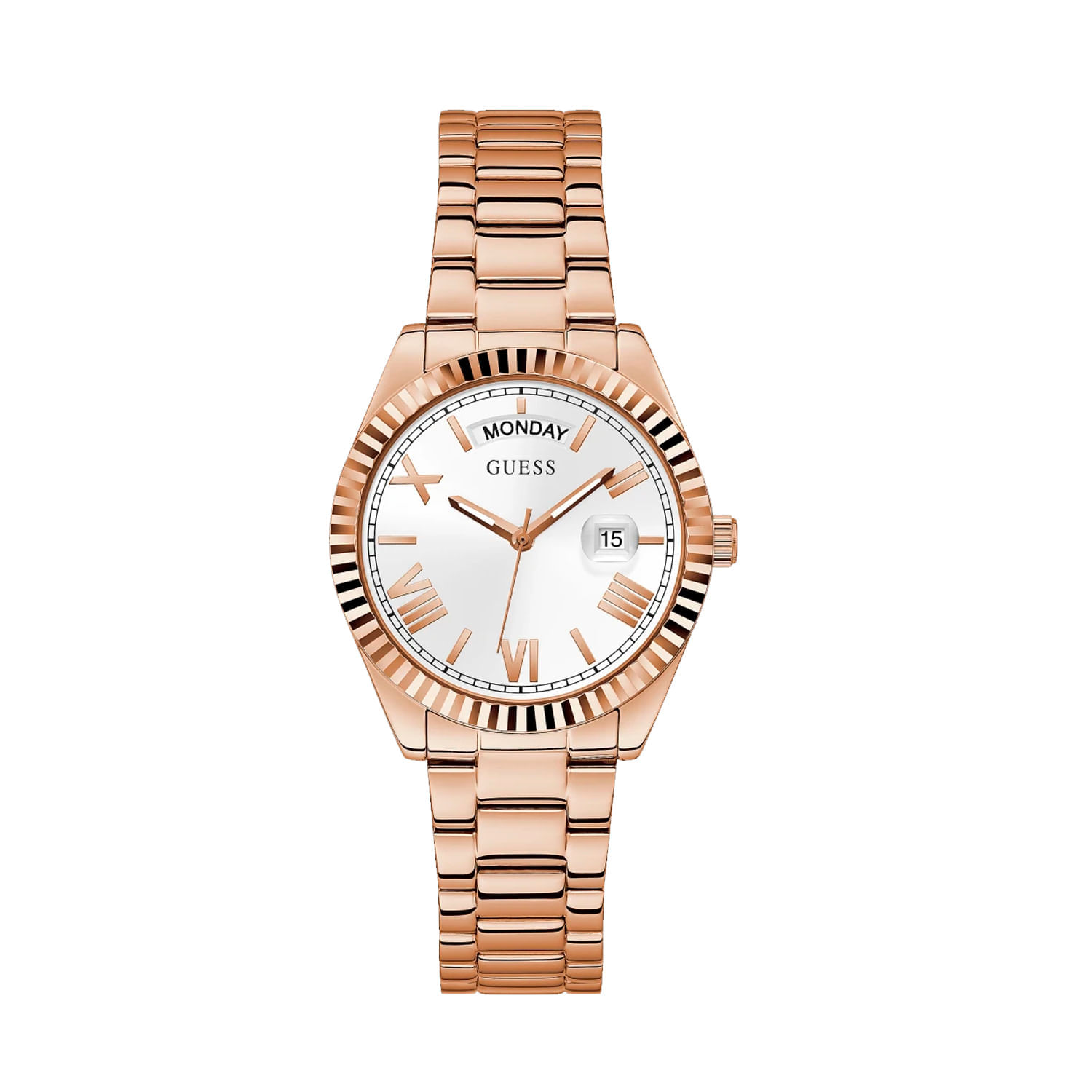 Relógio feminino com pulseira e caixa rosê, mostrador branco com datas, dia da semana e números romanos.