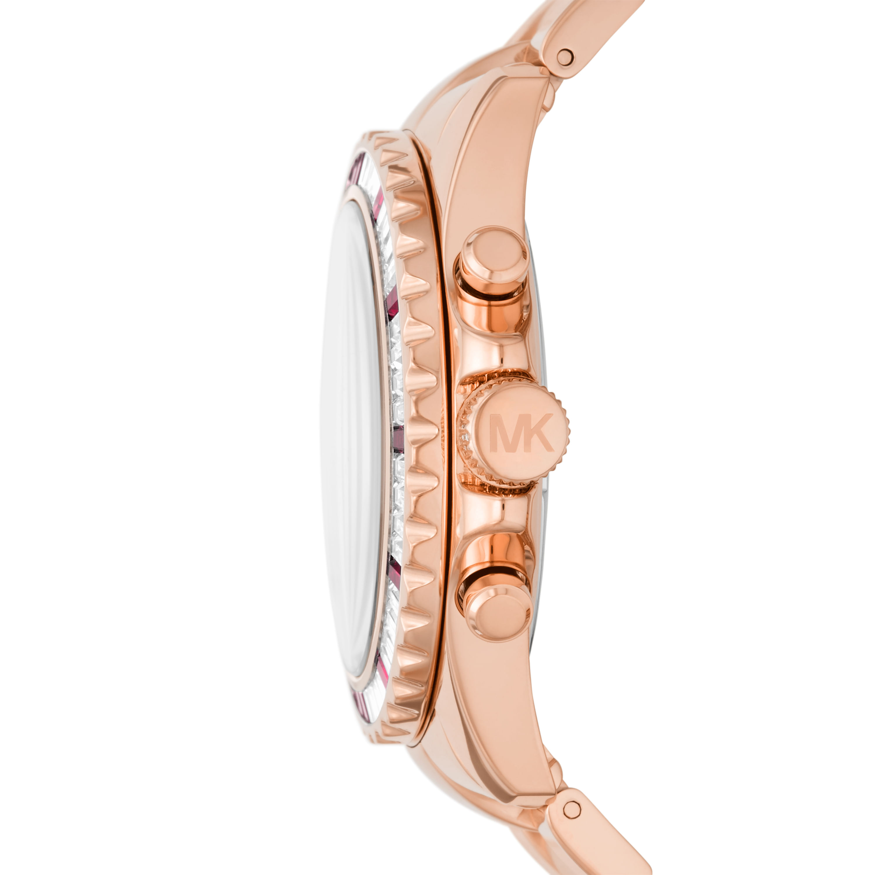 Relógio feminino com pulseira rosa e detalhes em dourado, com botões laterais e mostrador arredondado.