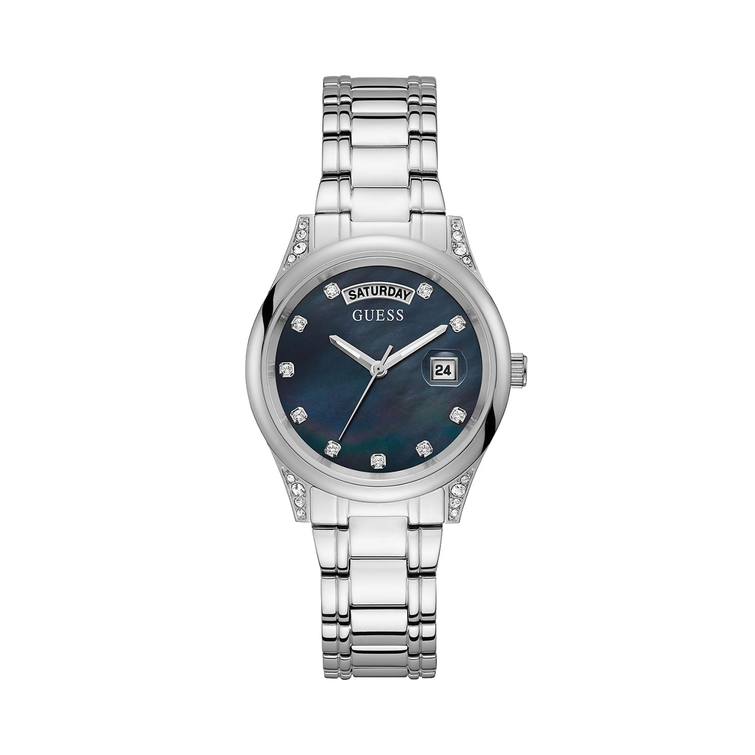 Relógio feminino com pulseira de metal prateada, mostrador azul escuro com detalhes em cristais, dia da semana e data.