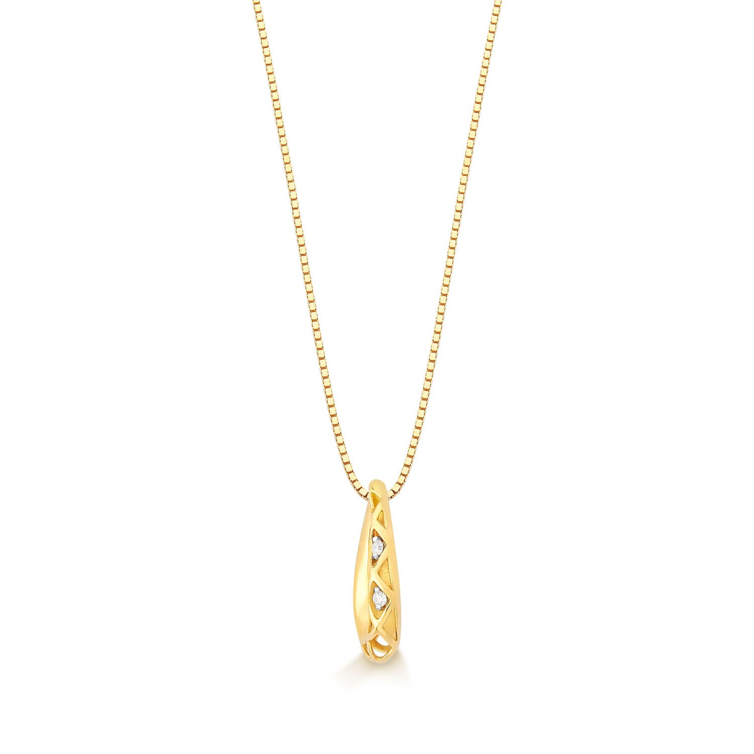 Colar longo de ouro com pingente estilo gota, decorado com três pedras pequenas.