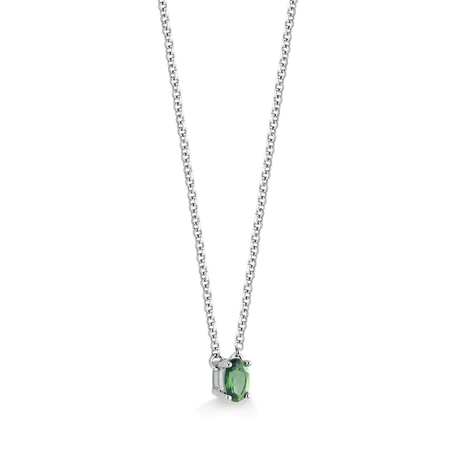 Colar de prata com pingente de pedra verde ovalada.