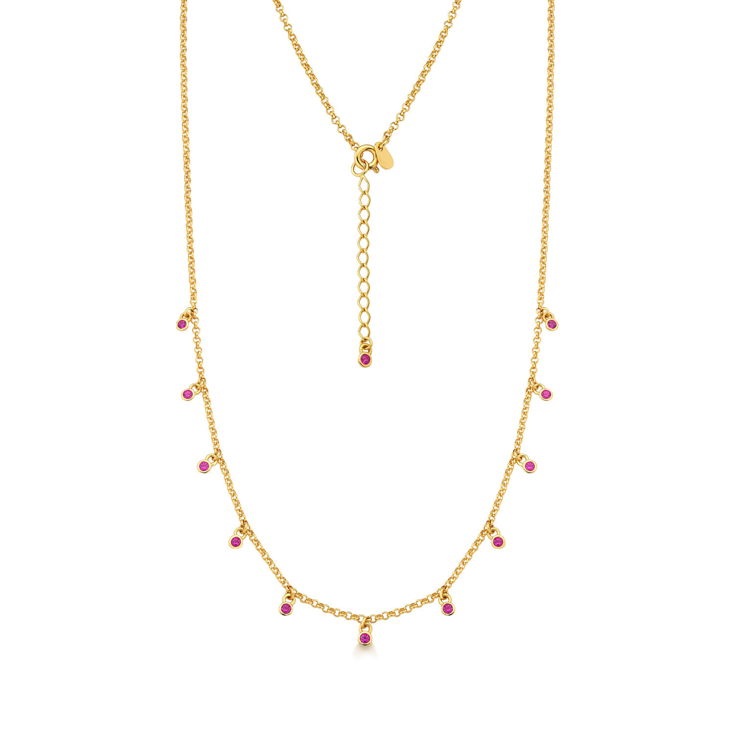 Colar dourado com pequenos pingentes rosas e uma pulseira combinando.