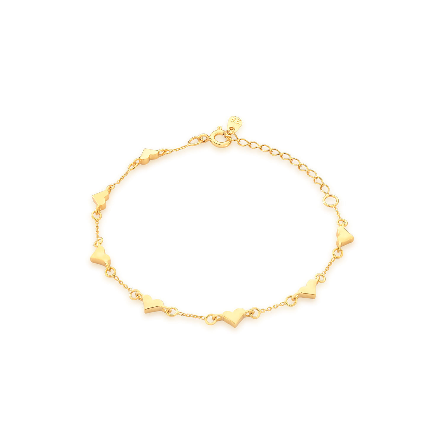 Pulseira delicada de ouro com pequenos formatos de coração conectados.