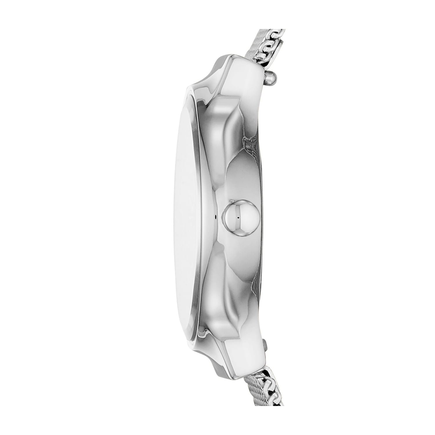 Relógio com pulseira de metal prateado e caixa de aço, visualizado de perfil.