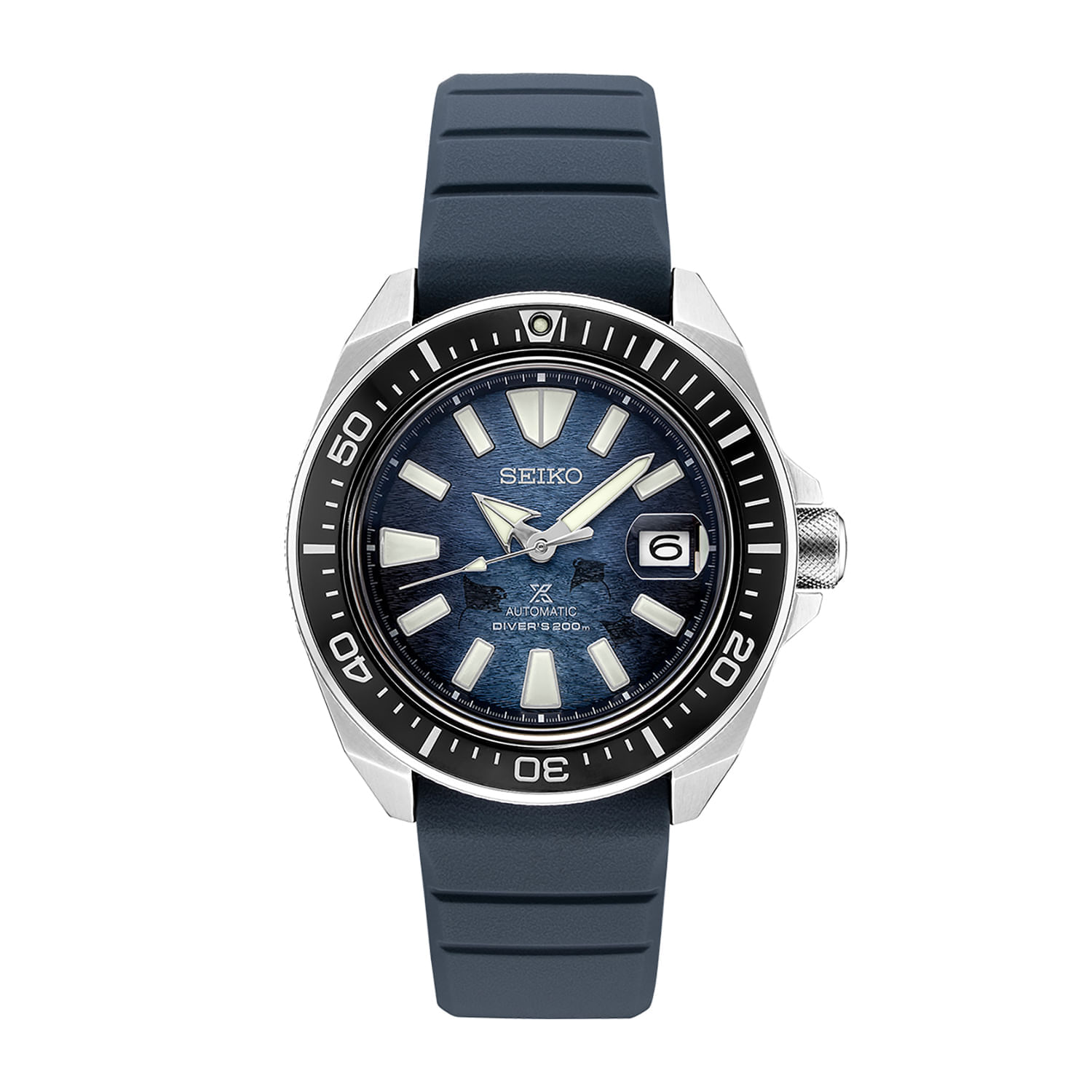 Relógio de pulso com mostrador azul, pulseira azul e caixa de aço, com data e marca Seiko.