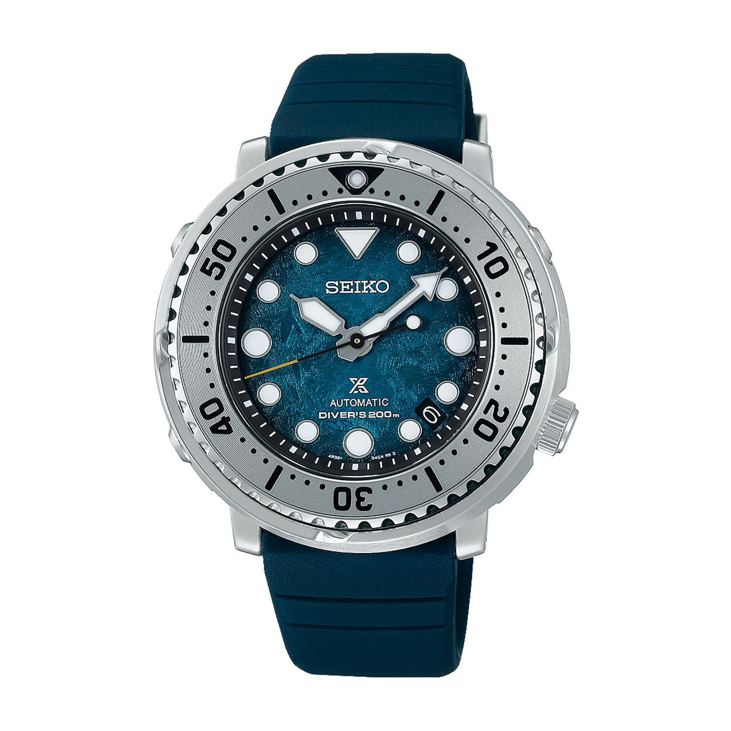 Relógio de pulso azul com caixa de metal prateada, mostrador azul com marcadores e ponteiros brancos, e faixa de silicone azul.