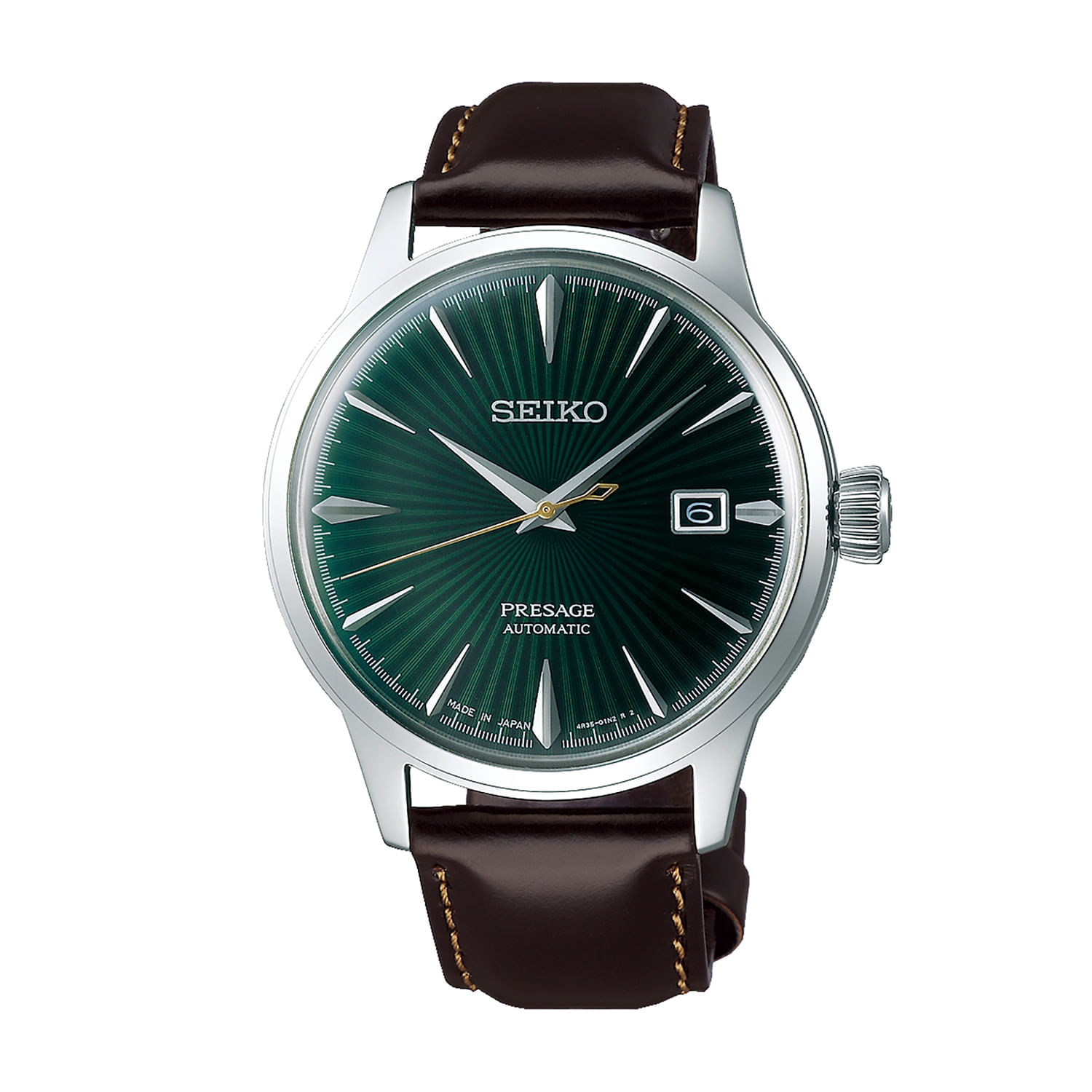 Relógio Seiko Presage com pulseira de couro marrom e mostrador verde com detalhes dourados e branco.
