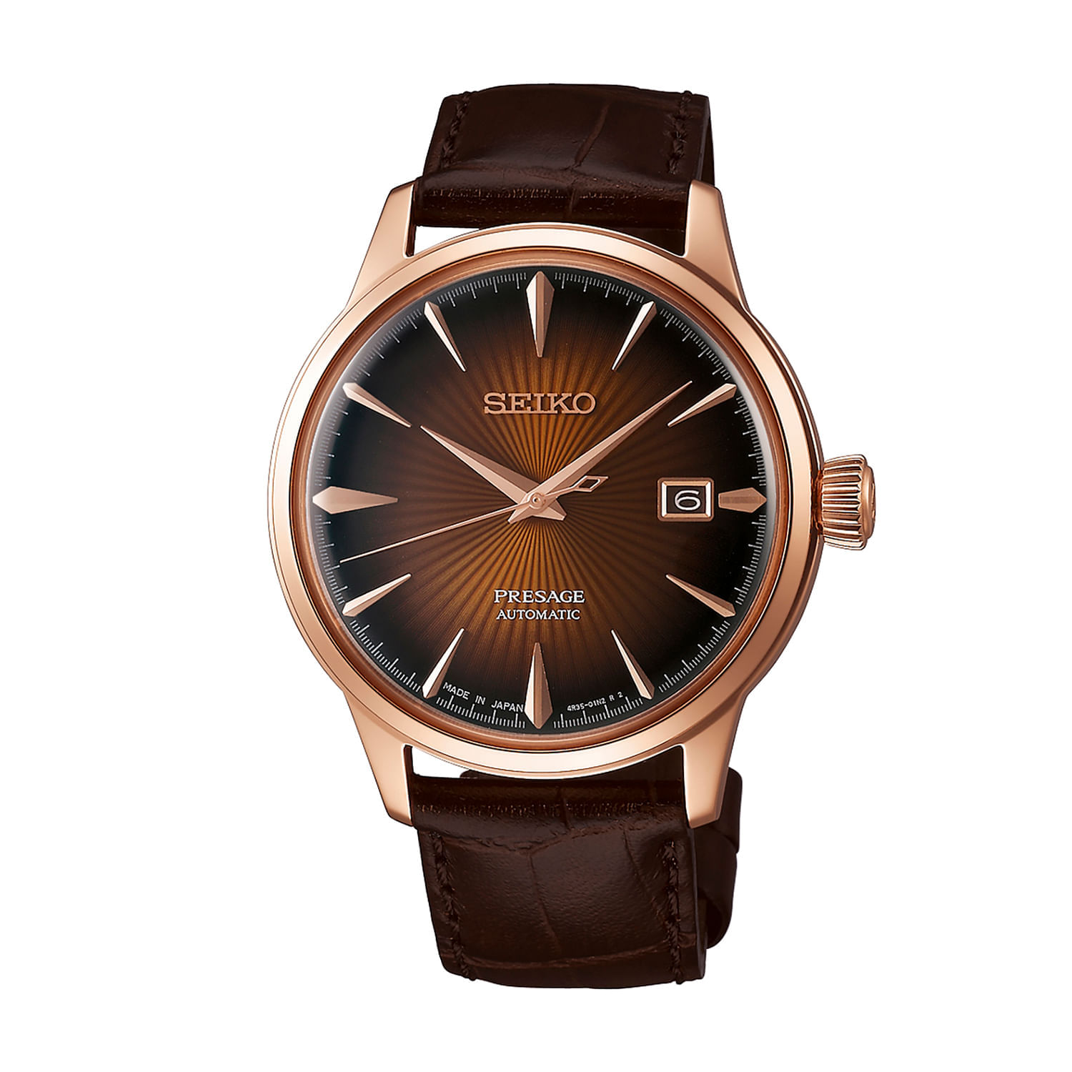 Relógio de pulso da Seiko com mostrador marrom sunburst, caixa rosé dourada, índice aplicado e pulseira de couro marrom.