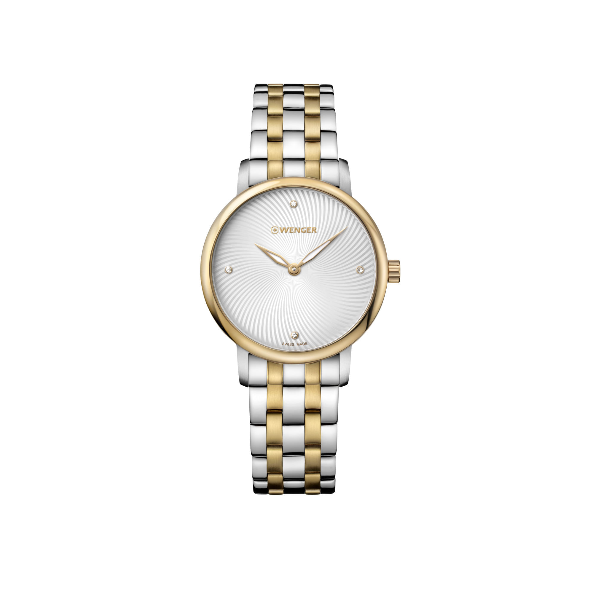 Relógio feminino com pulseira de metal dourada e prateada, mostrador branco com detalhes dourados, sem números, e fundo texturizado.