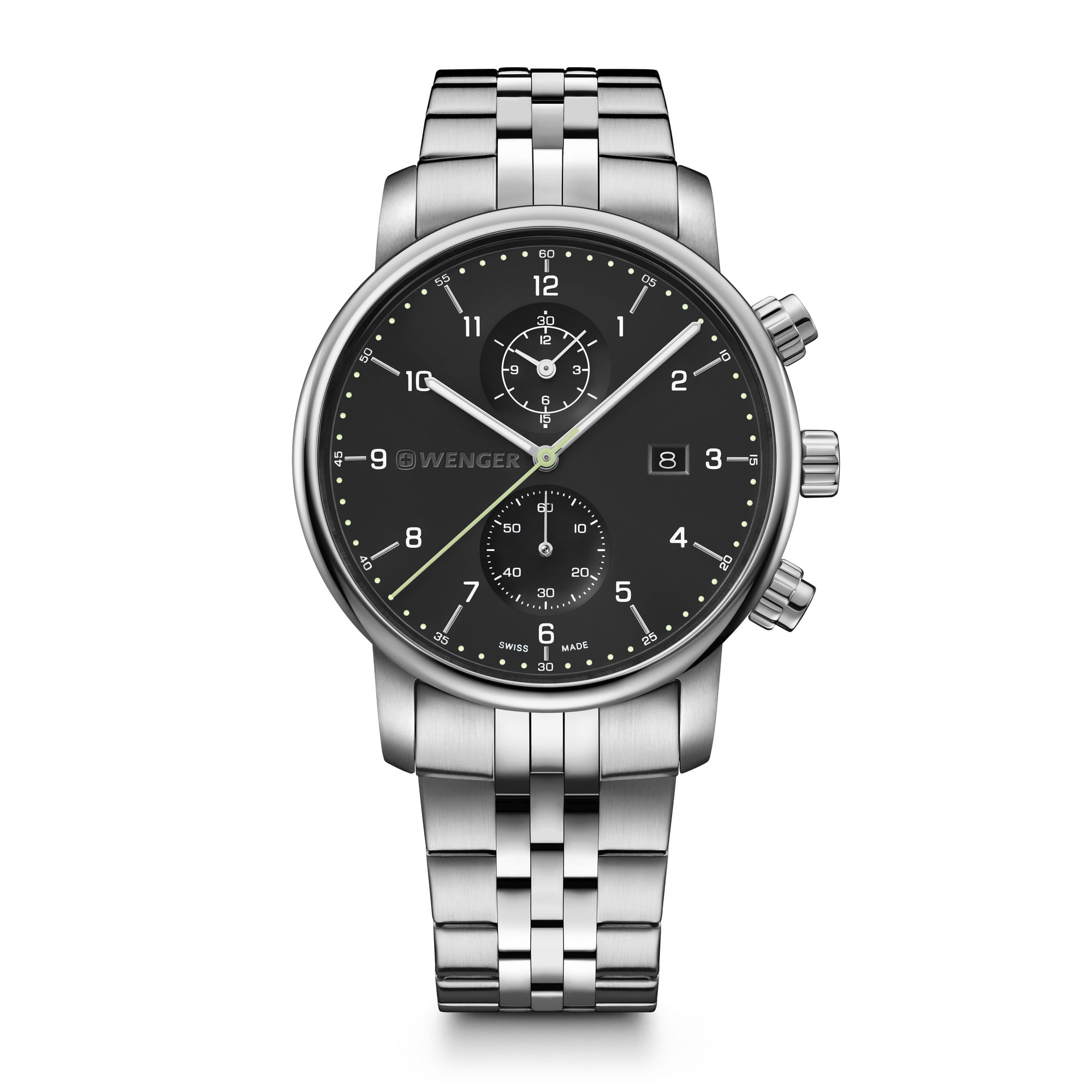 Relógio de pulso com mostrador preto, pulseira de aço prateada, cronógrafo, calendário e dois botões laterais.