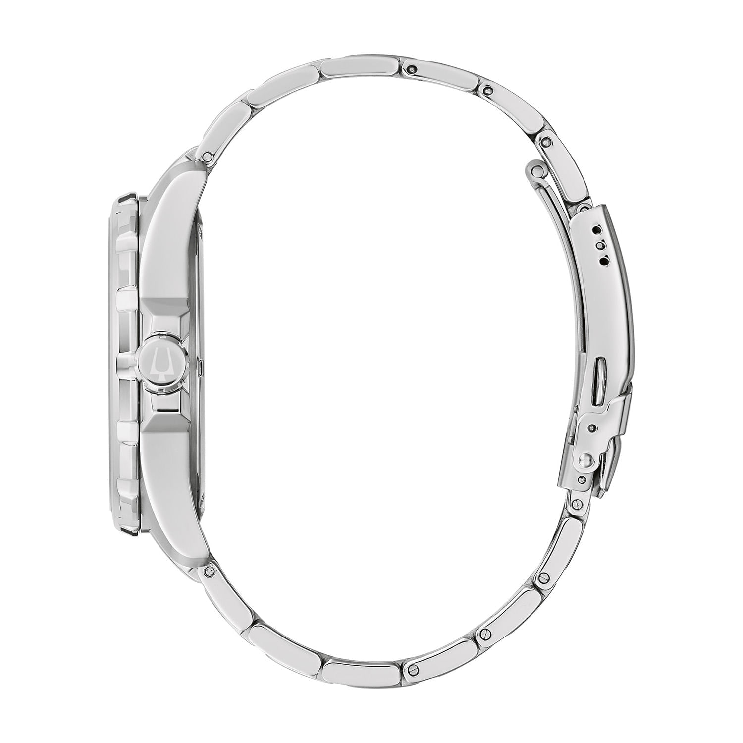 Relógio de pulso com pulseira metálica prateada visto de perfil.