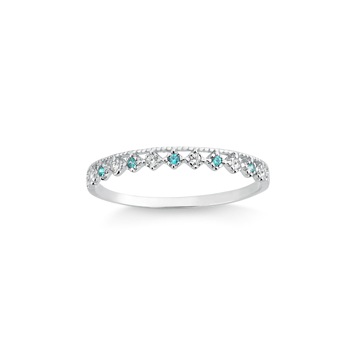 Anel de prata com pequenos diamantes e detalhes em azul, com um design delicado e elegante.