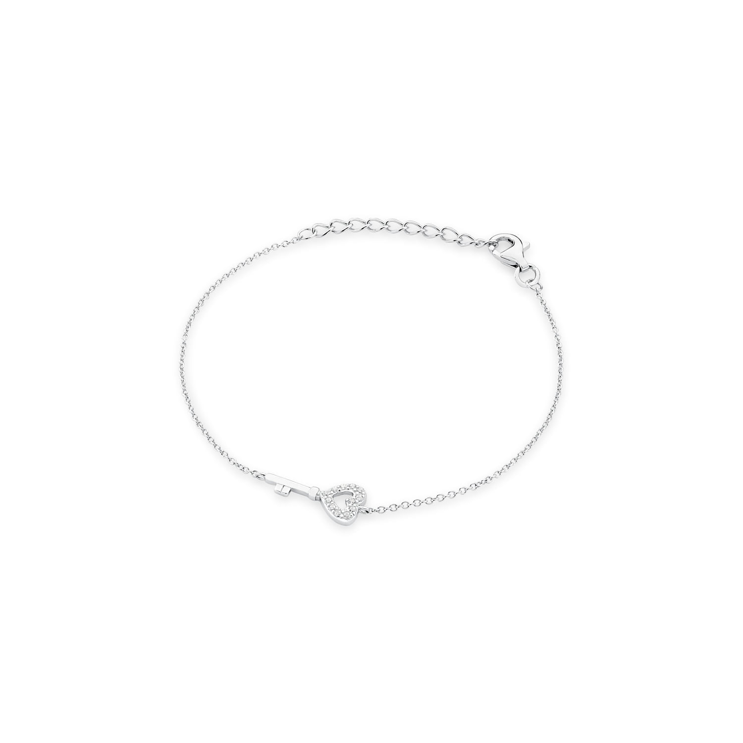 Pulseira delicada prateada com pingente de coração com detalhes em pedrinhas.
