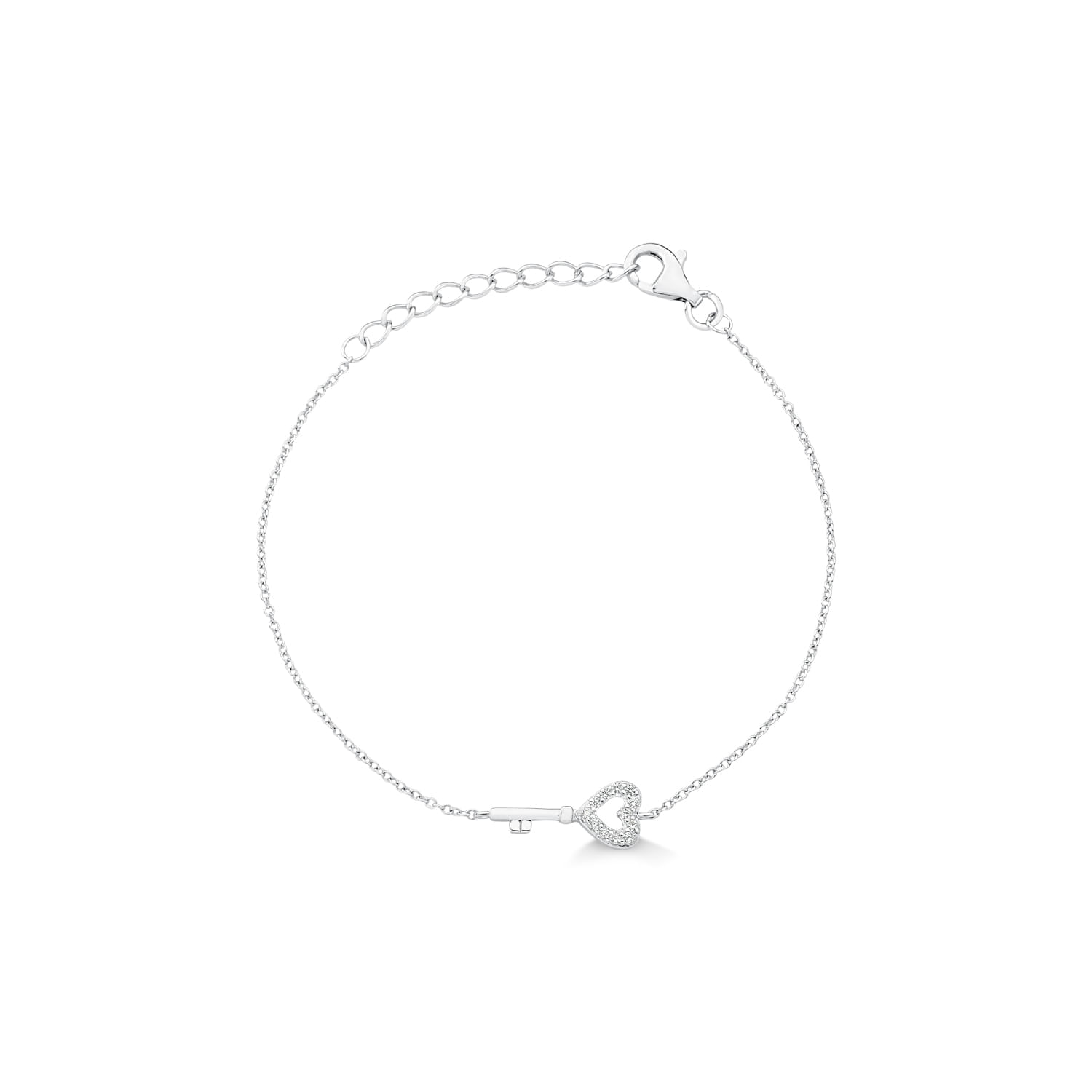 Pulseira de corrente fina com chave e coração com detalhes brilhantes, feita em material prateado.