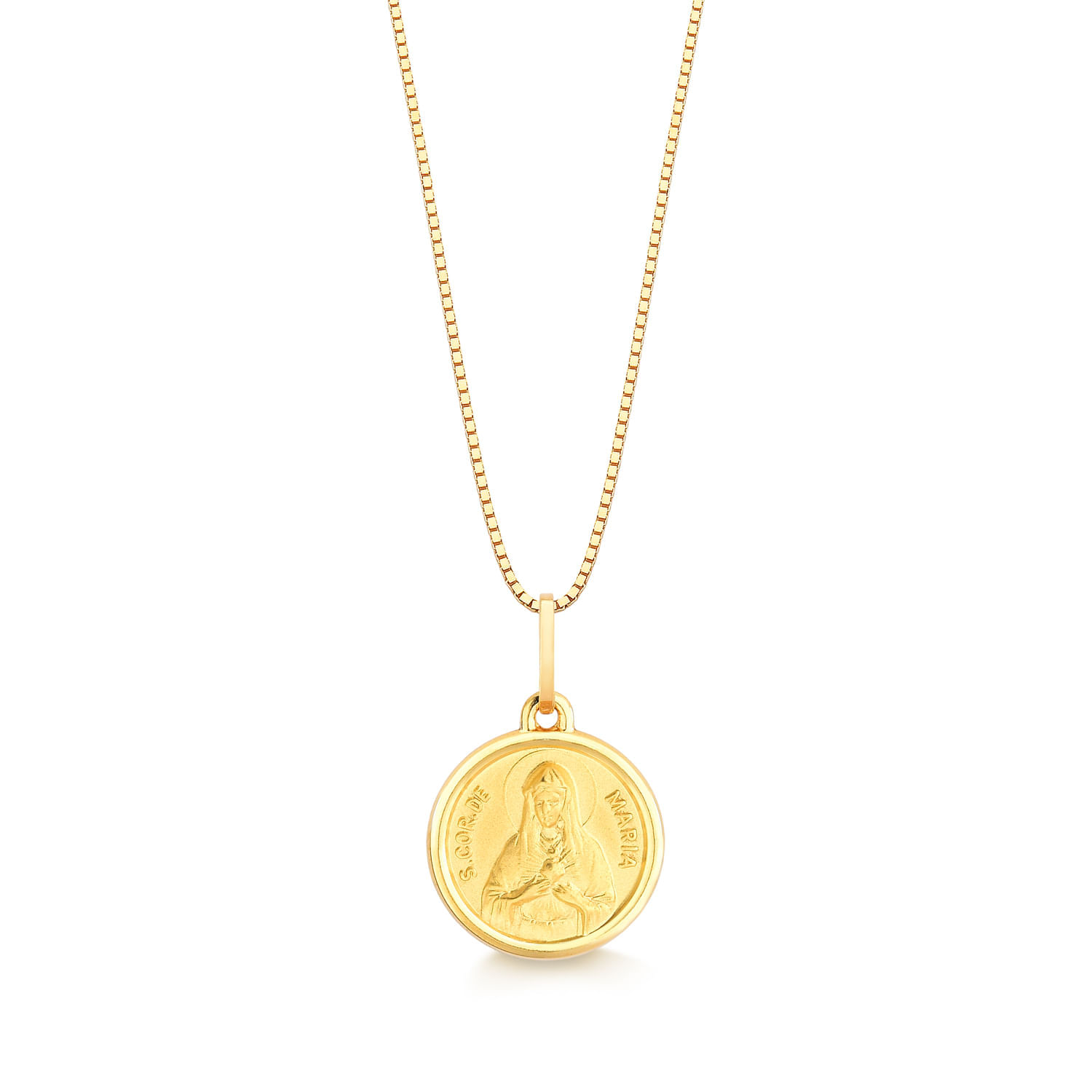 Colar dourado com medalha circular de Santa Maria, pendurado em corrente dourada.