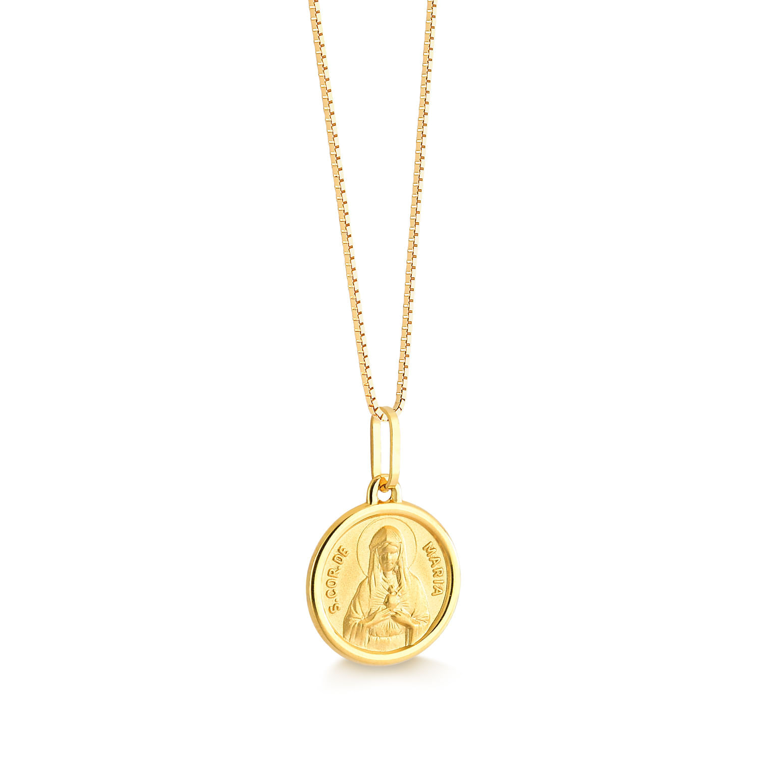 Colar dourado com medalha de Santa Terezinha, que mostra a imagem dela com as mãos juntas e o texto "SANTA TEREZA" ao redor.