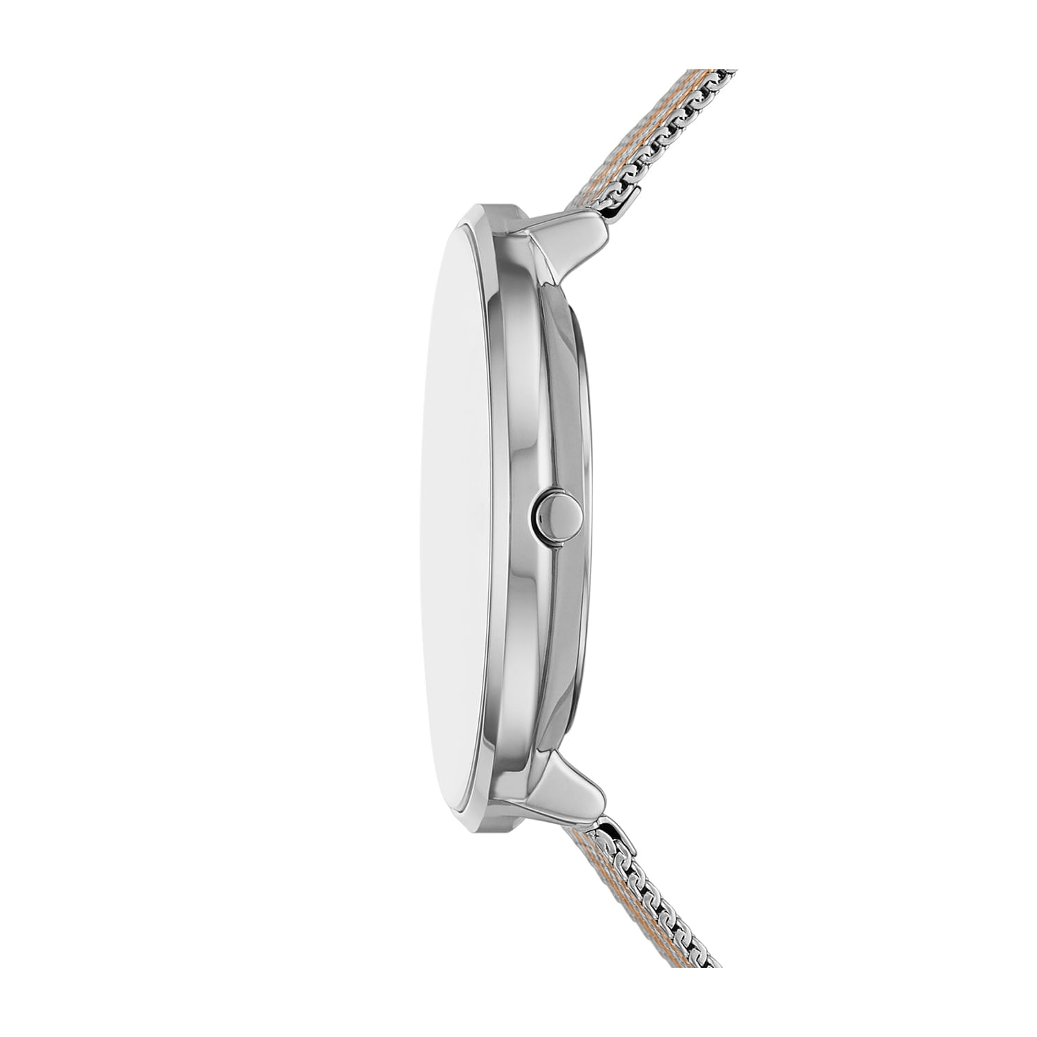 Relógio com pulseira de metal e caixa prateada, mostrado de lado.